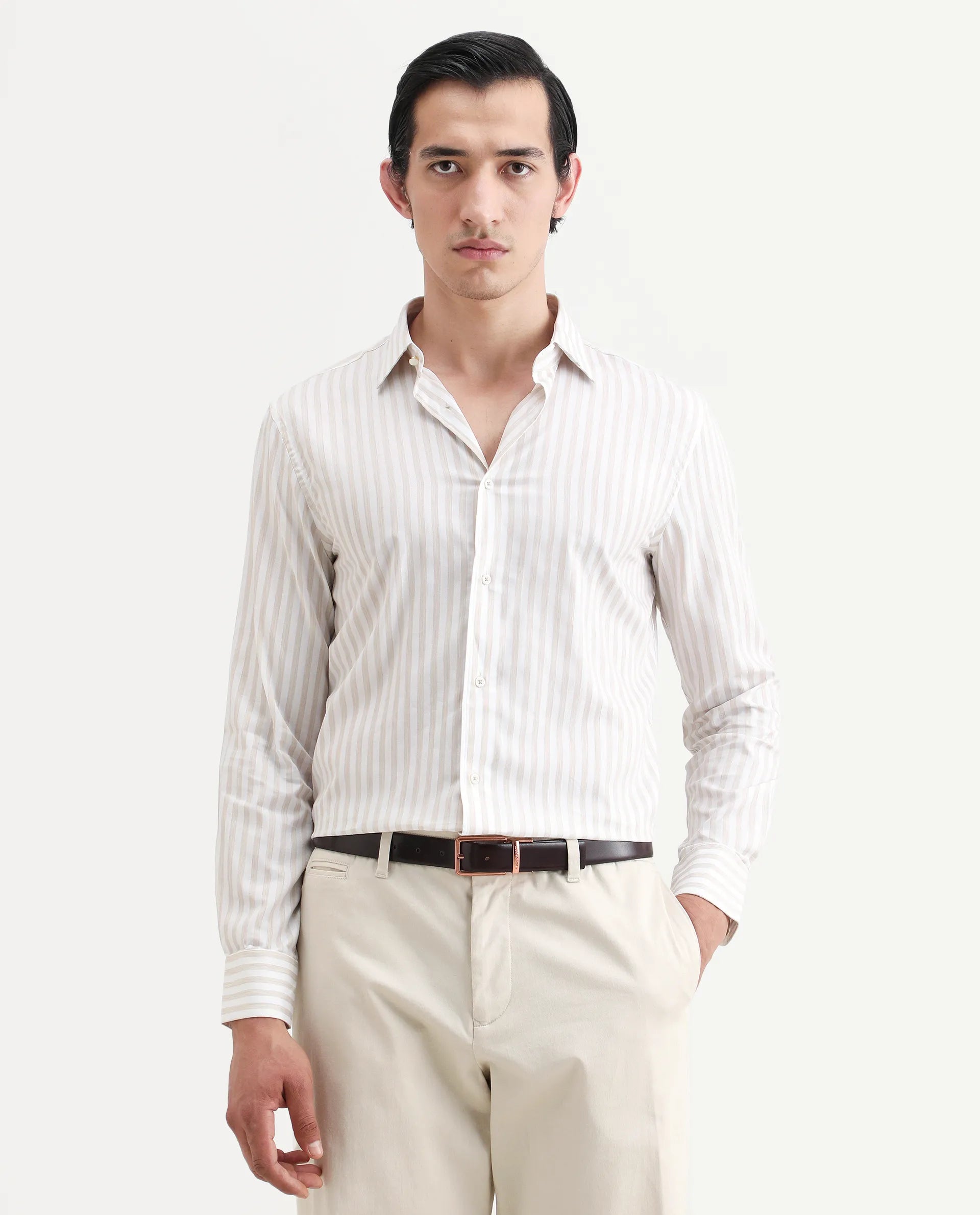 Rare Rabbit Men's Bari Beige Cotton Blend Striped Print Regular Fit Full Sleeve Collared Shirt