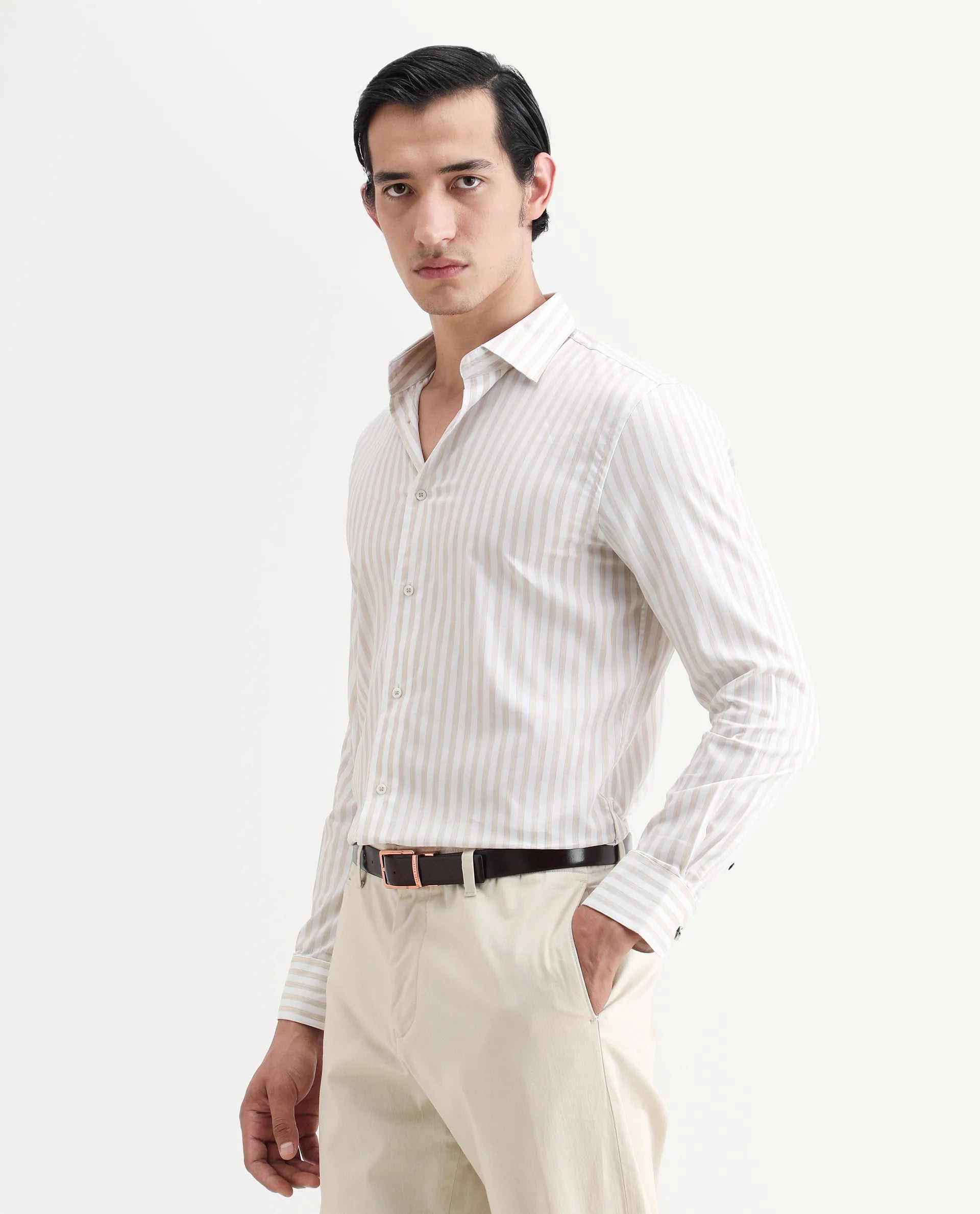 Rare Rabbit Men's Bari Beige Cotton Blend Striped Print Regular Fit Full Sleeve Collared Shirt