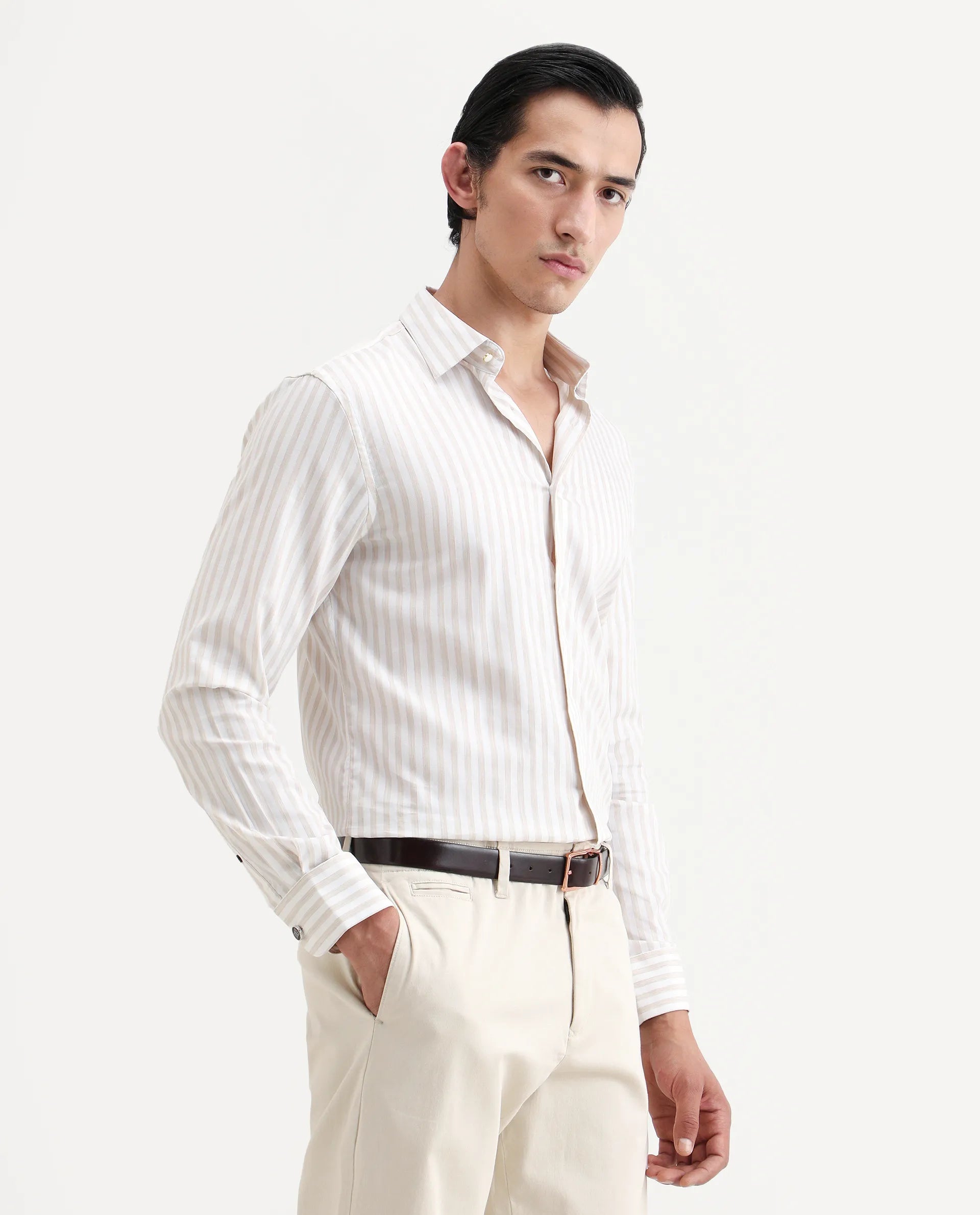 Rare Rabbit Men's Bari Beige Cotton Blend Striped Print Regular Fit Full Sleeve Collared Shirt
