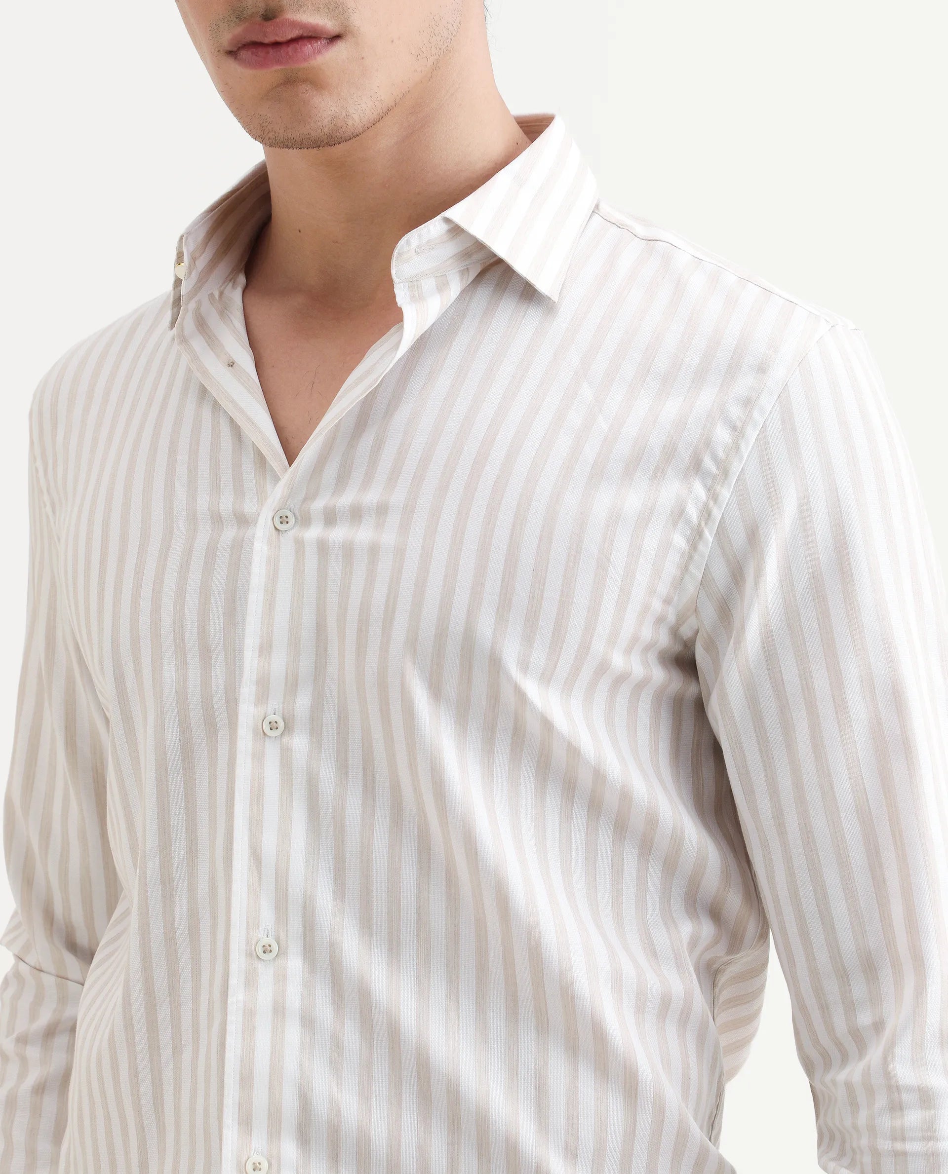 Rare Rabbit Men's Bari Beige Cotton Blend Striped Print Regular Fit Full Sleeve Collared Shirt