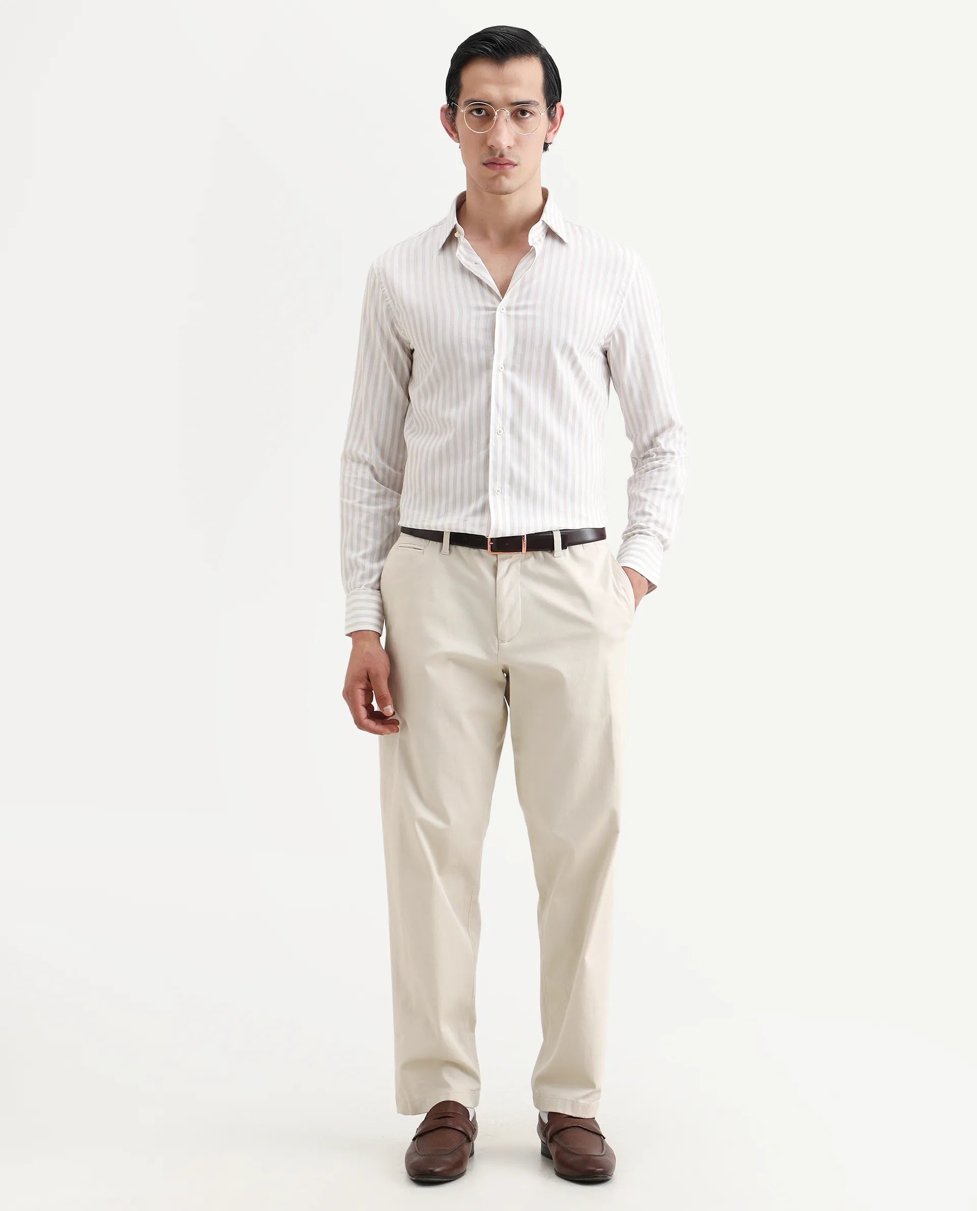 Rare Rabbit Men's Bari Beige Cotton Blend Striped Print Regular Fit Full Sleeve Collared Shirt