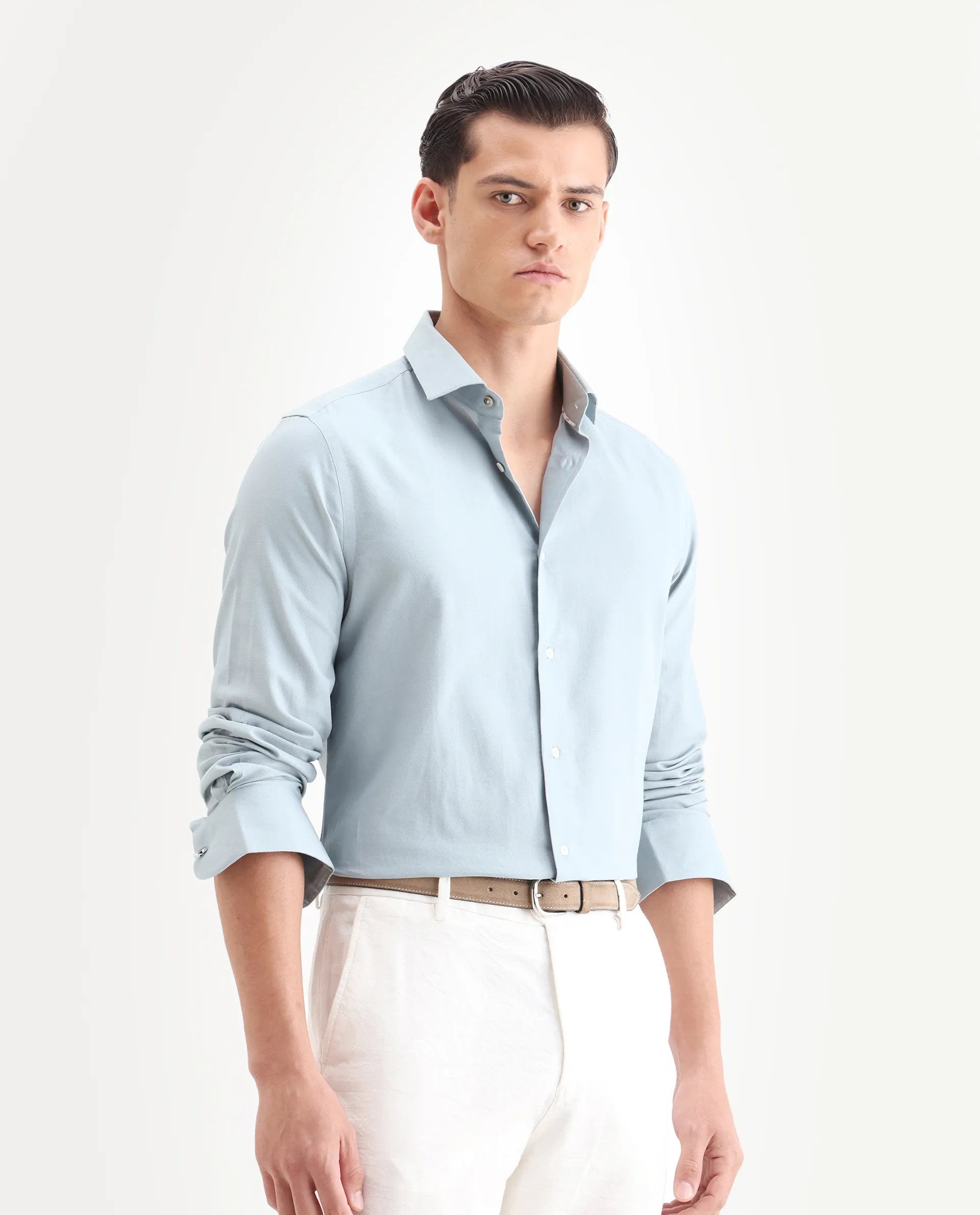 Rare Rabbit Men's Lasko Light Blue Cotton Plain Regular Fit Full Sleeve Collared Shirt