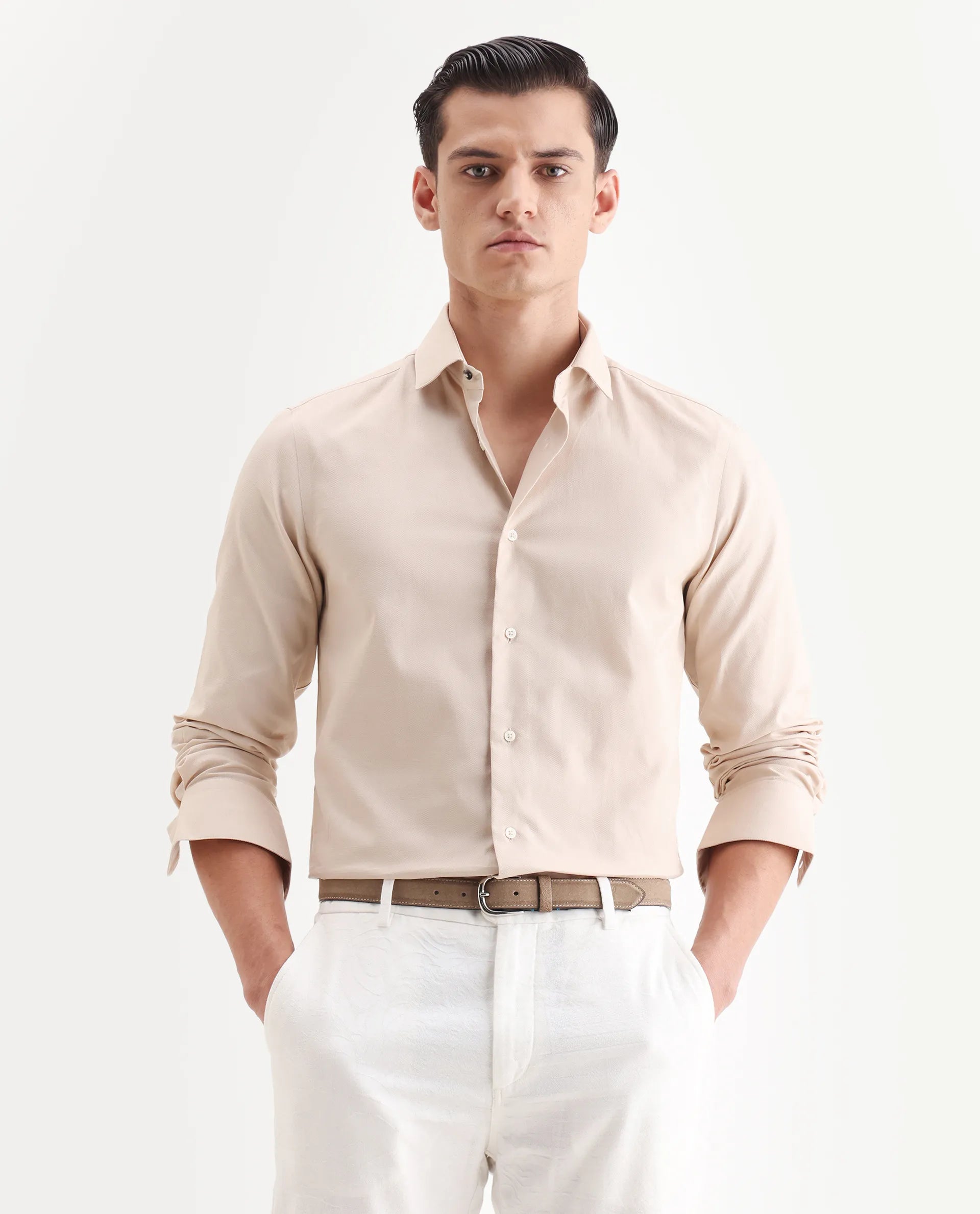 Rare Rabbit Men's Lasko Light Beige Cotton Plain Regular Fit Full Sleeve Collared Shirt