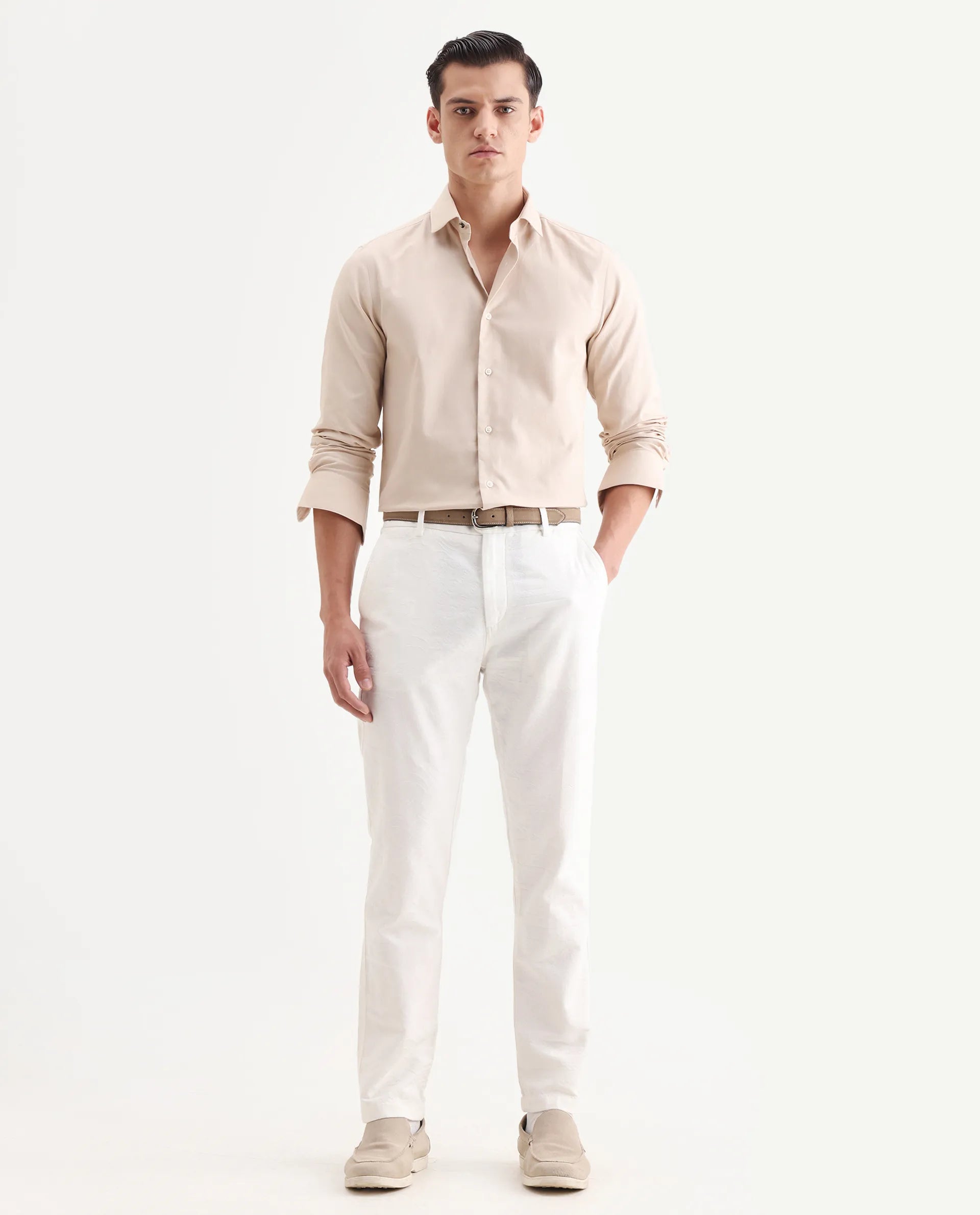 Rare Rabbit Men's Lasko Light Beige Cotton Plain Regular Fit Full Sleeve Collared Shirt