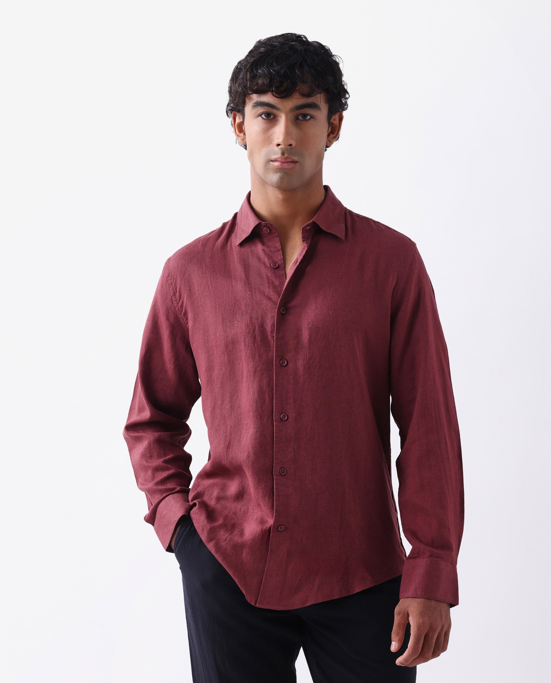 Rare Rabbit Men's Linex Ls-25 Maroon Linen Blend Plain Regular Fit Full Sleeve Collared Shirt