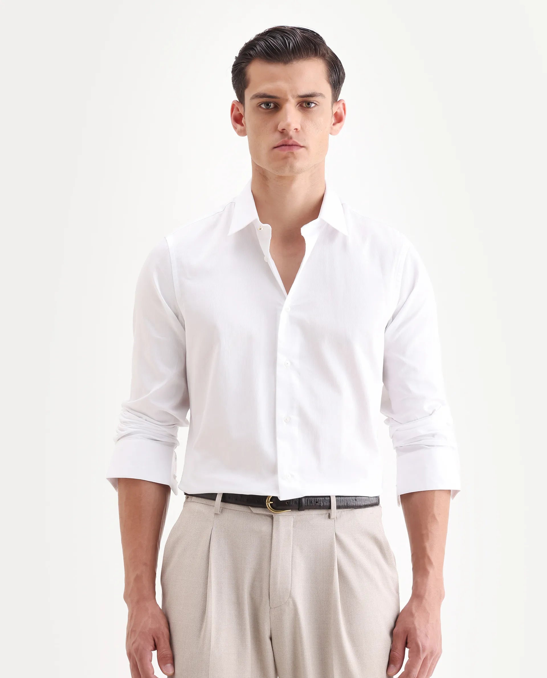 Rare Rabbit Men's Rocco White Cotton Plain Regular Fit Full Sleeve Collared Shirt