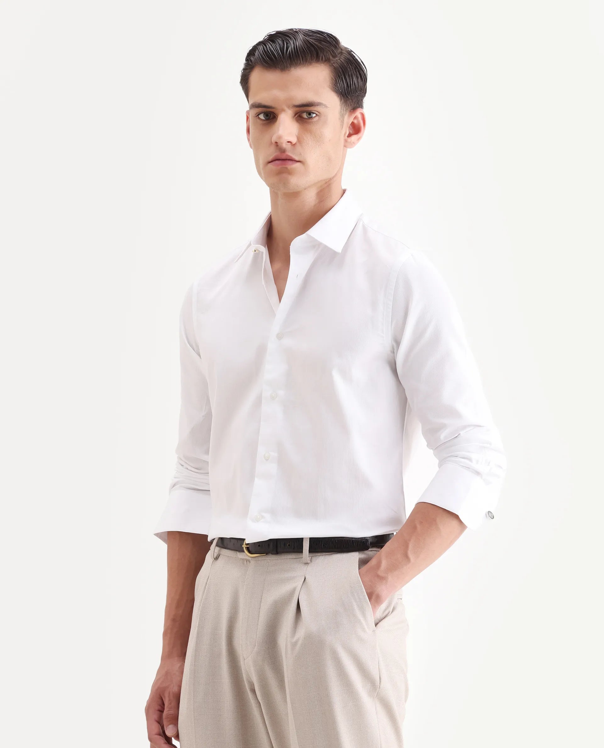 Rare Rabbit Men's Rocco White Cotton Plain Regular Fit Full Sleeve Collared Shirt