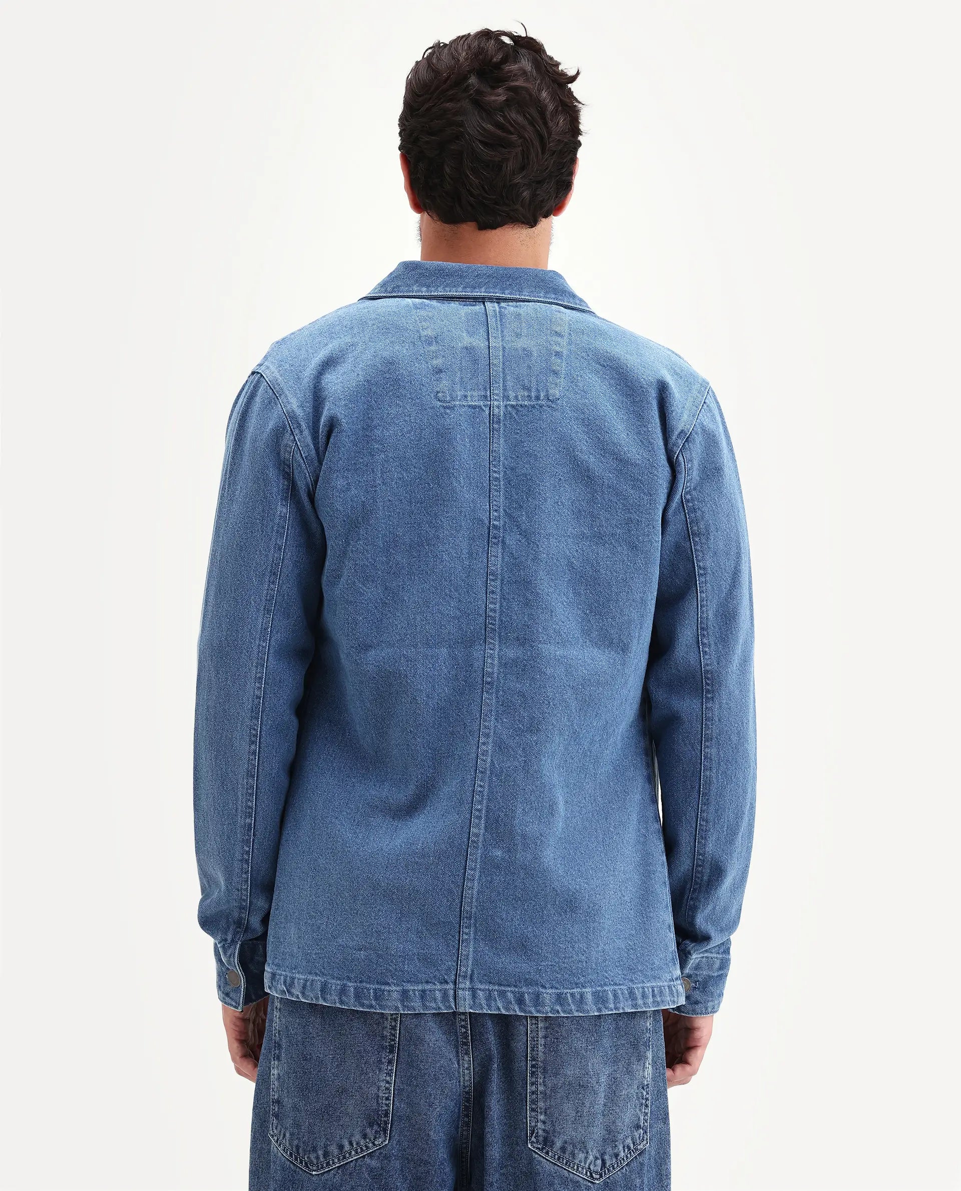Rare Rabbit Men's Brond Blue Cotton Plain Regular Fit Full Sleeve Spread Collar Jacket