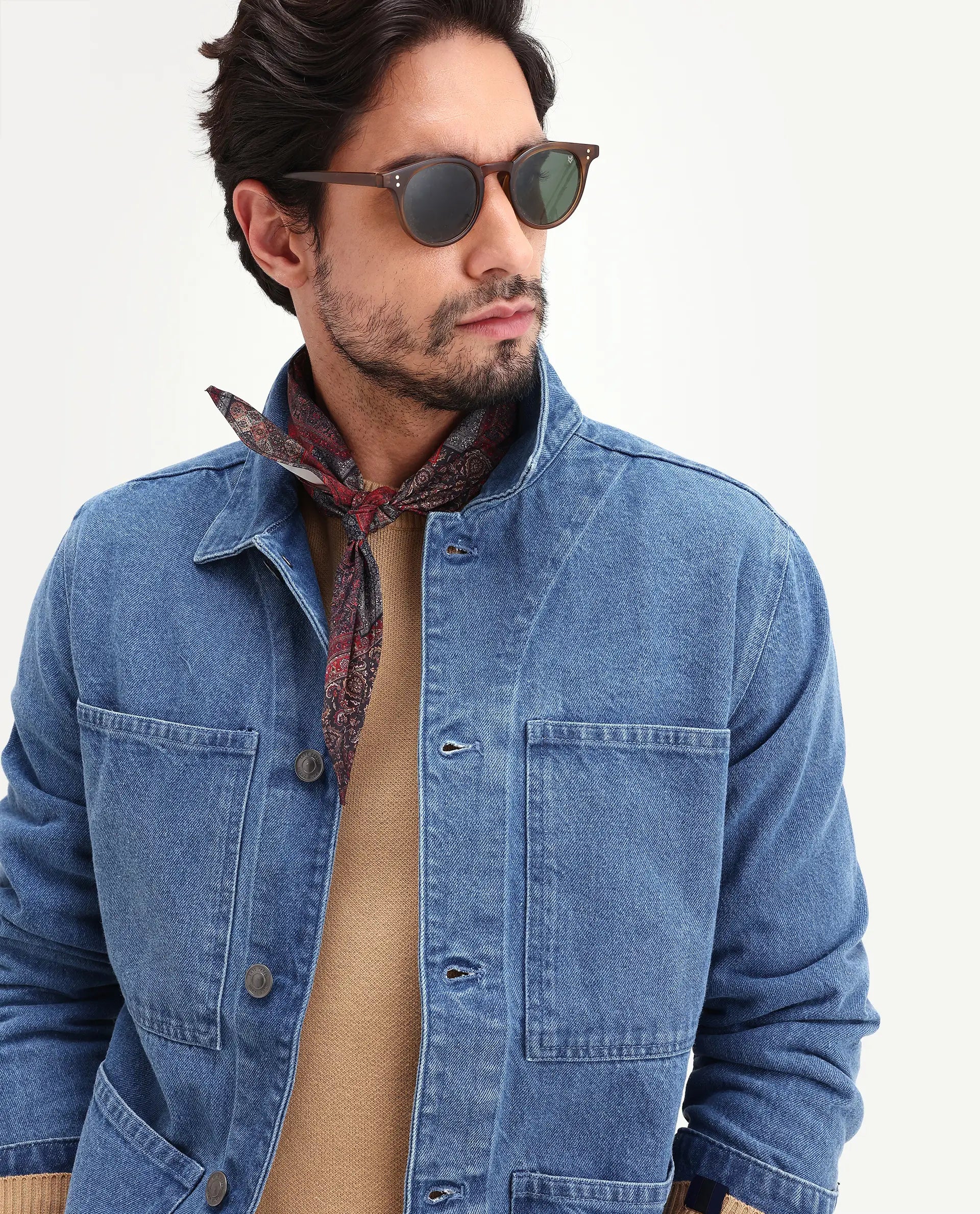 Rare Rabbit Men's Brond Blue Cotton Plain Regular Fit Full Sleeve Spread Collar Jacket