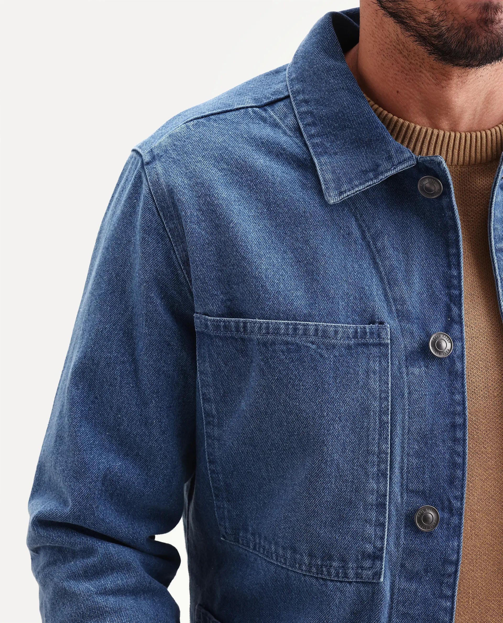 Rare Rabbit Men's Brond Blue Cotton Plain Regular Fit Full Sleeve Spread Collar Jacket
