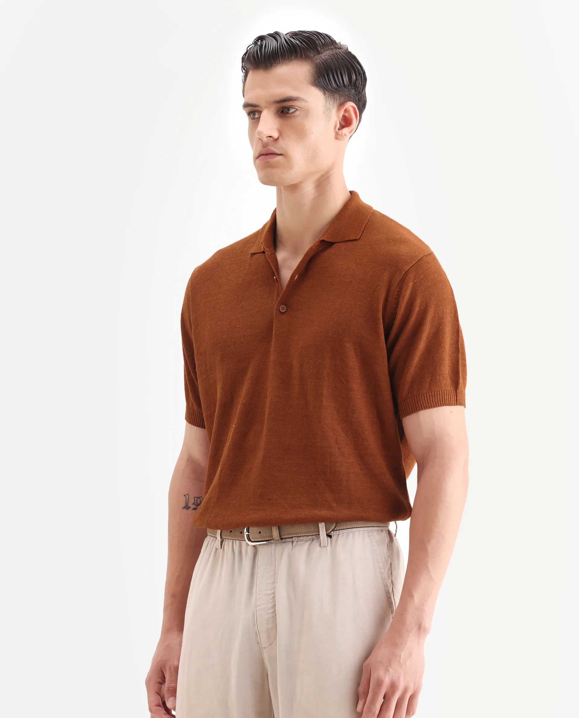 Rare Rabbit Men's Mekko-25 Rust Linen Blend Plain Regular Fit Half Sleeve Polo