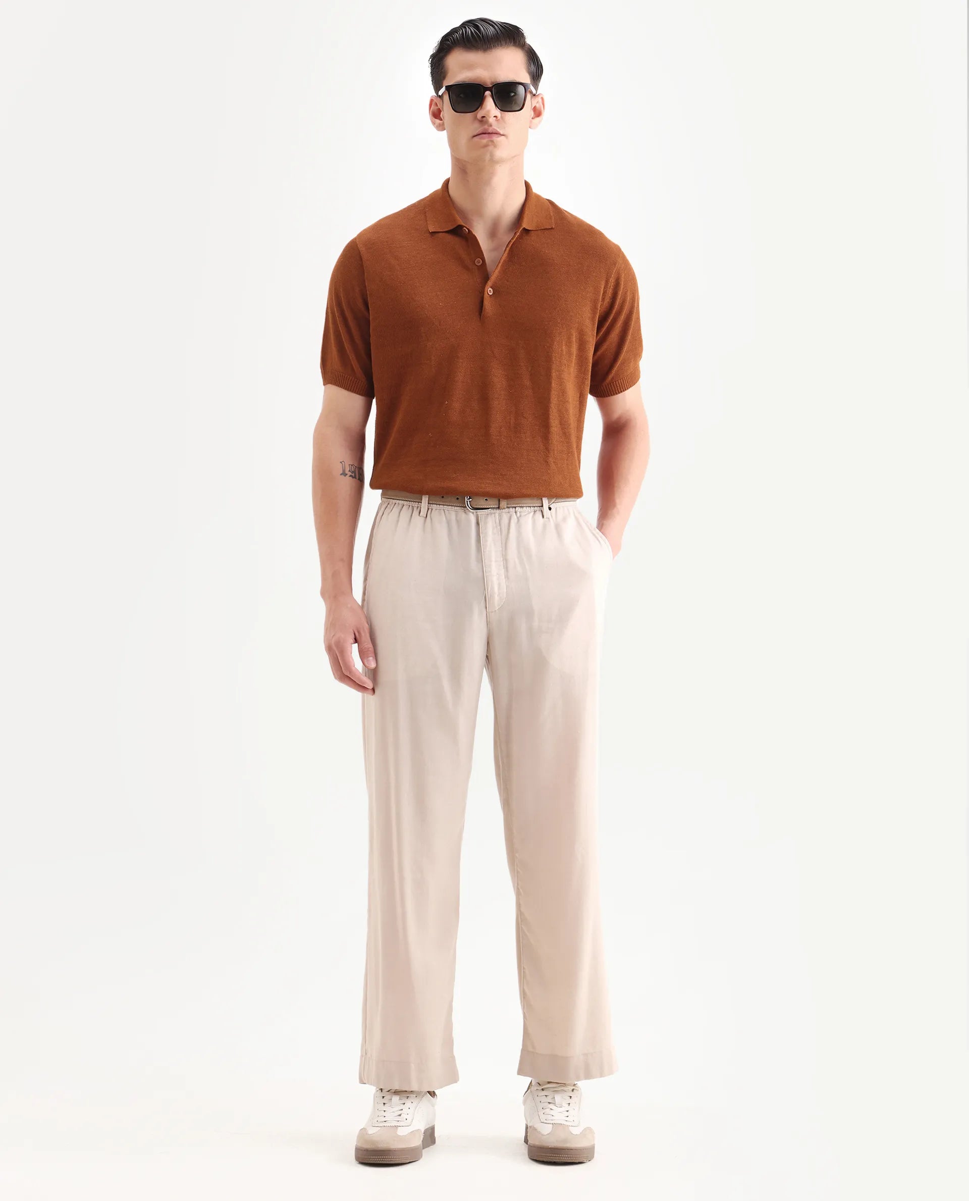 Rare Rabbit Men's Mekko-25 Rust Linen Blend Plain Regular Fit Half Sleeve Polo