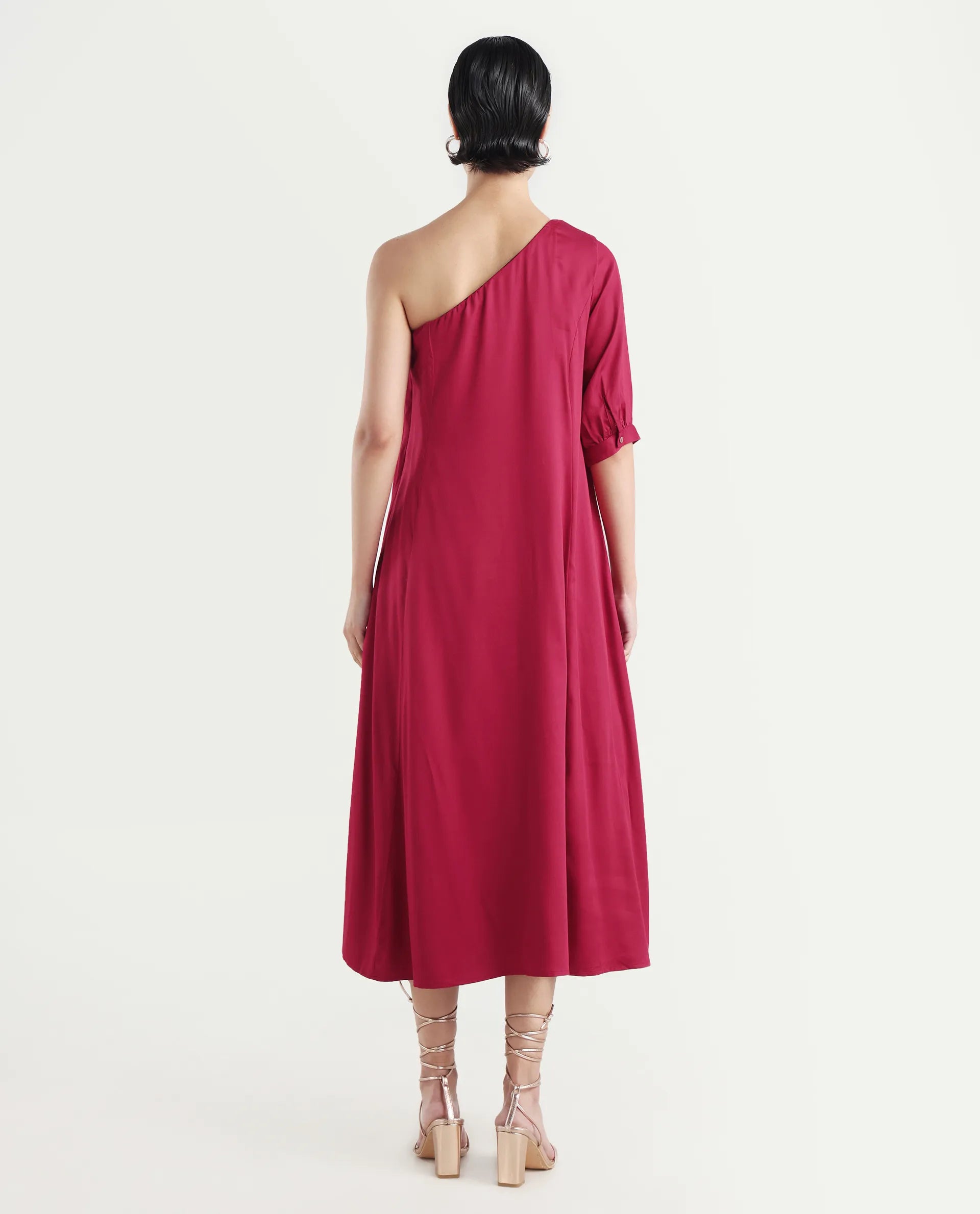 Rareism Women's Somalia Red Viscose One Shoulder Plain One Shoulder Maxi A-Line Dress