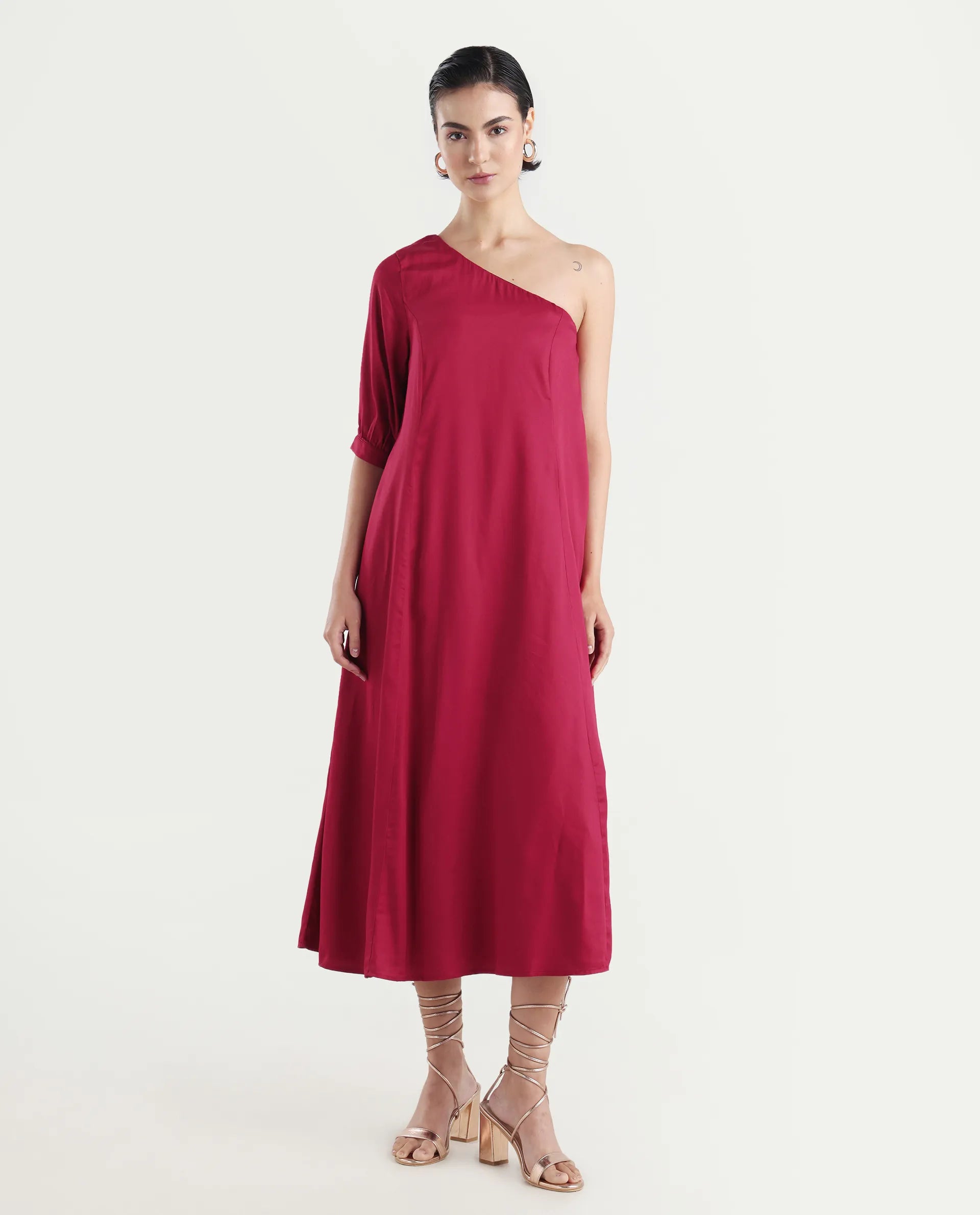 Rareism Women's Somalia Red Viscose One Shoulder Plain One Shoulder Maxi A-Line Dress