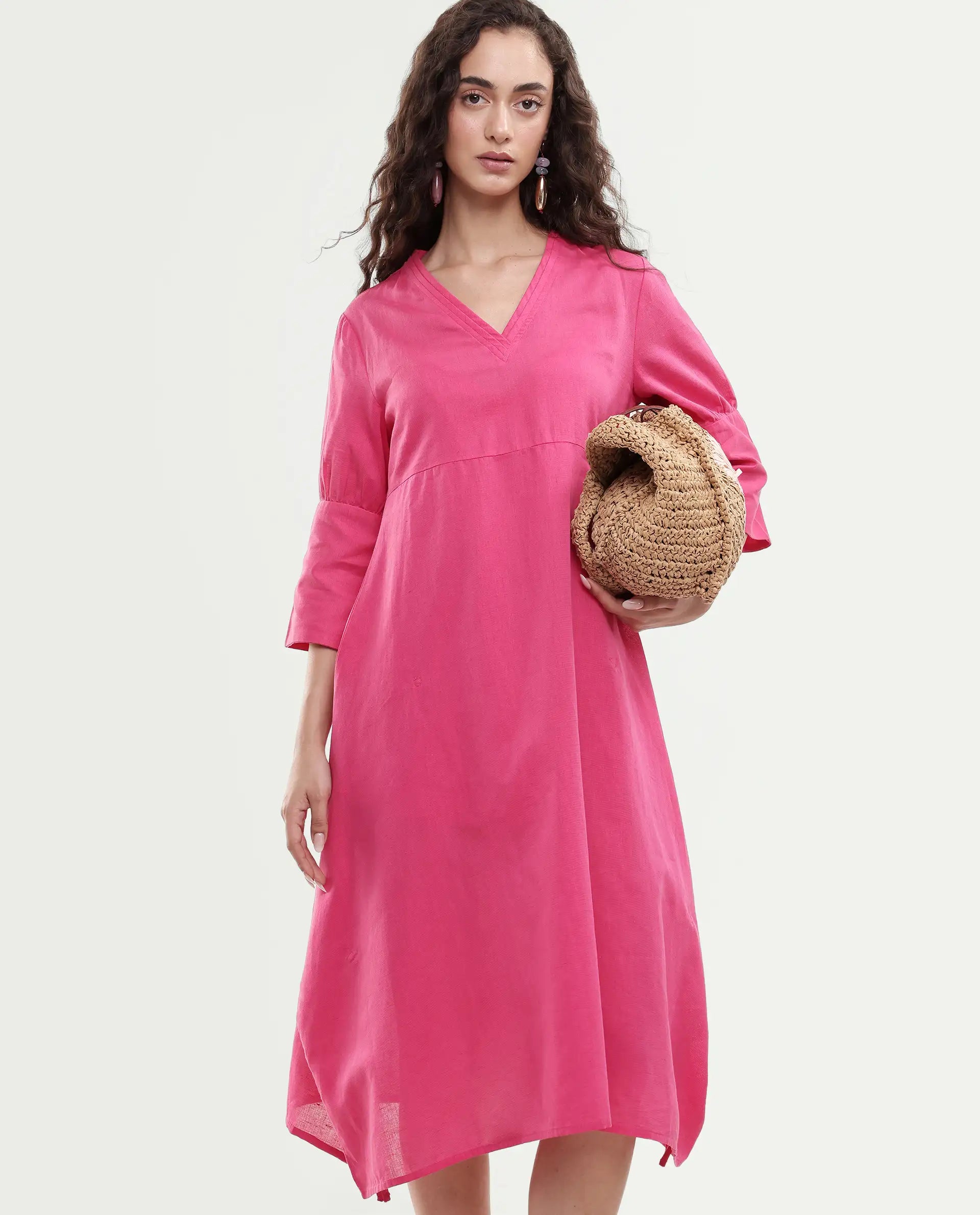 Rareism Women's Somyer Pink Cotton Blend V-Neck Plain Midi Flared Dress