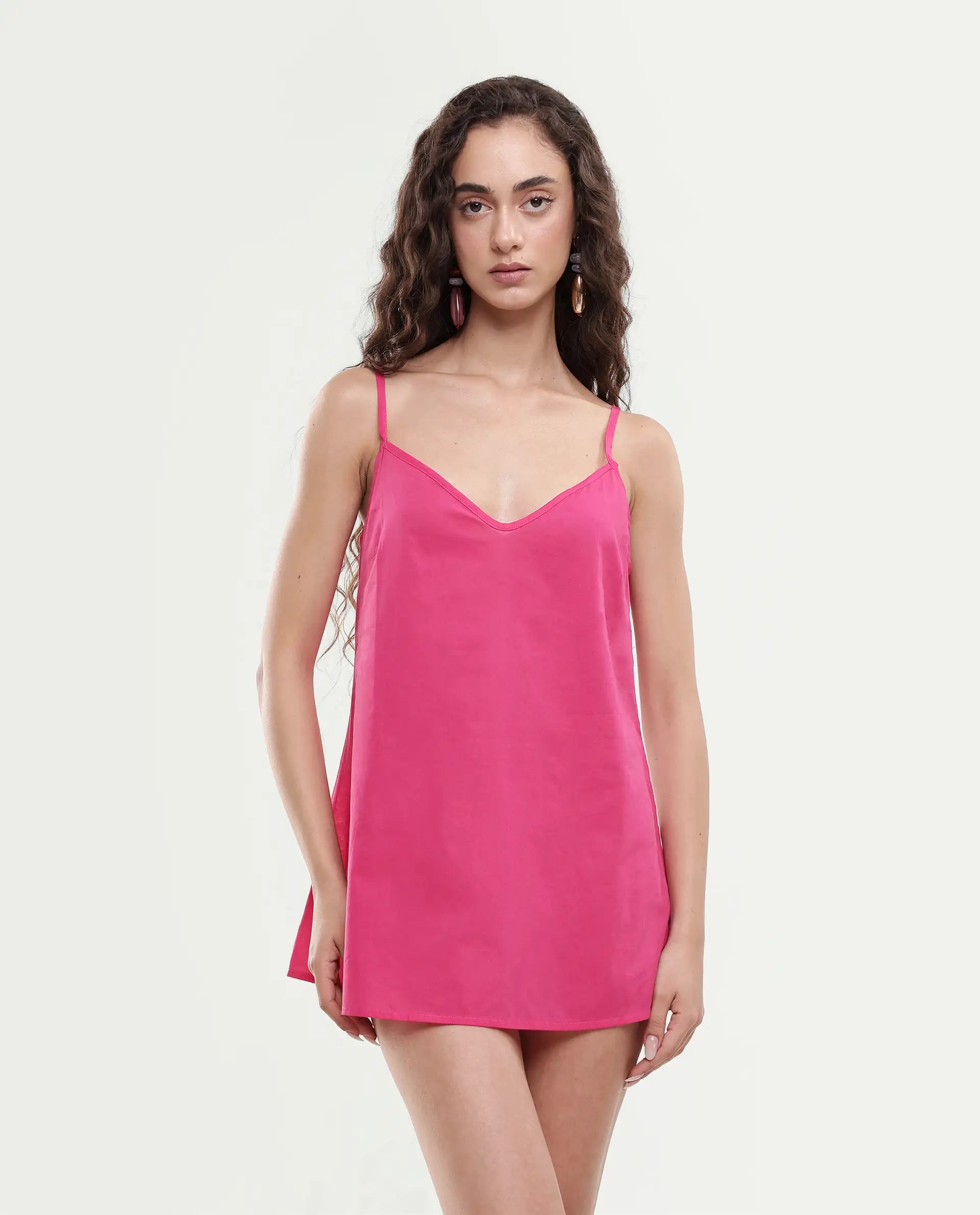 Rareism Women's Somyer Pink Cotton Blend V-Neck Plain Midi Flared Dress