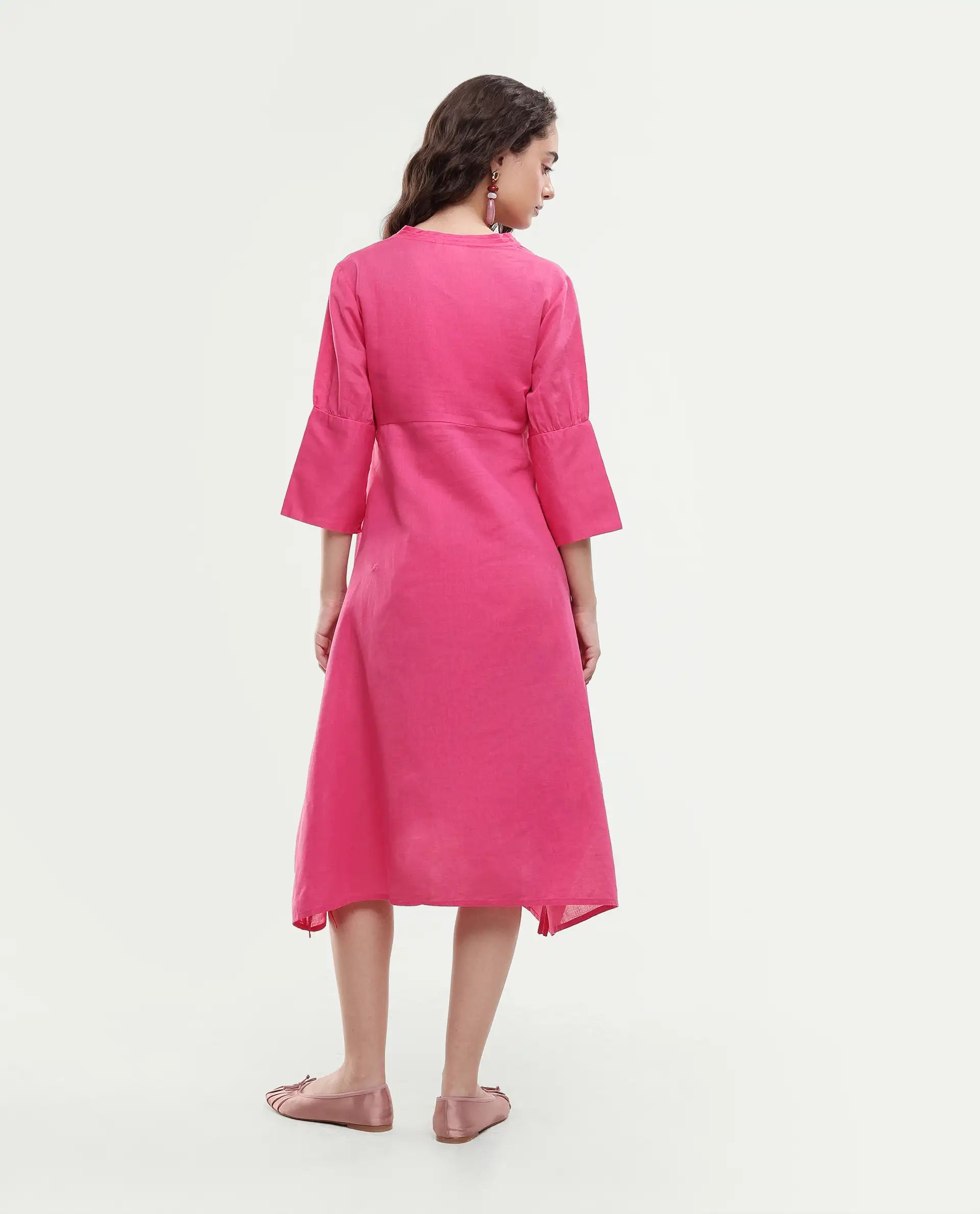 Rareism Women's Somyer Pink Cotton Blend V-Neck Plain Midi Flared Dress