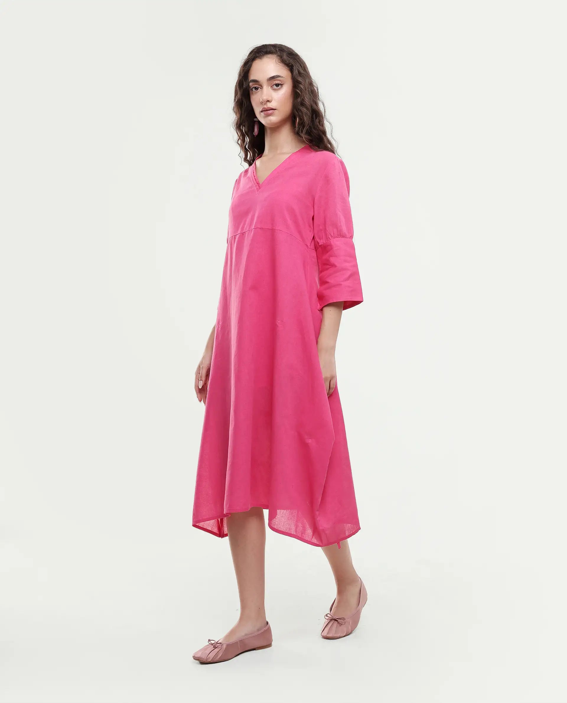 Rareism Women's Somyer Pink Cotton Blend V-Neck Plain Midi Flared Dress