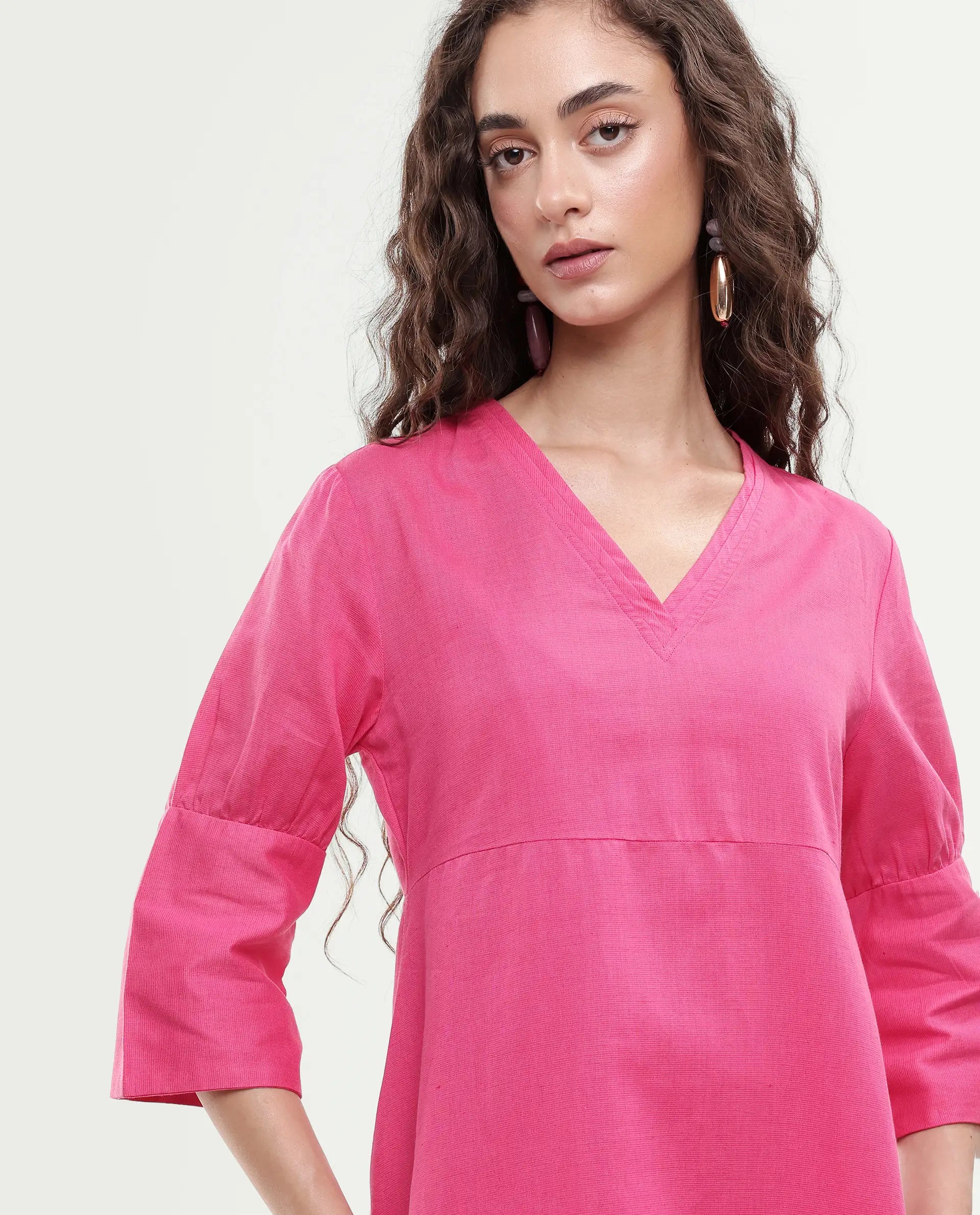 Rareism Women's Somyer Pink Cotton Blend V-Neck Plain Midi Flared Dress