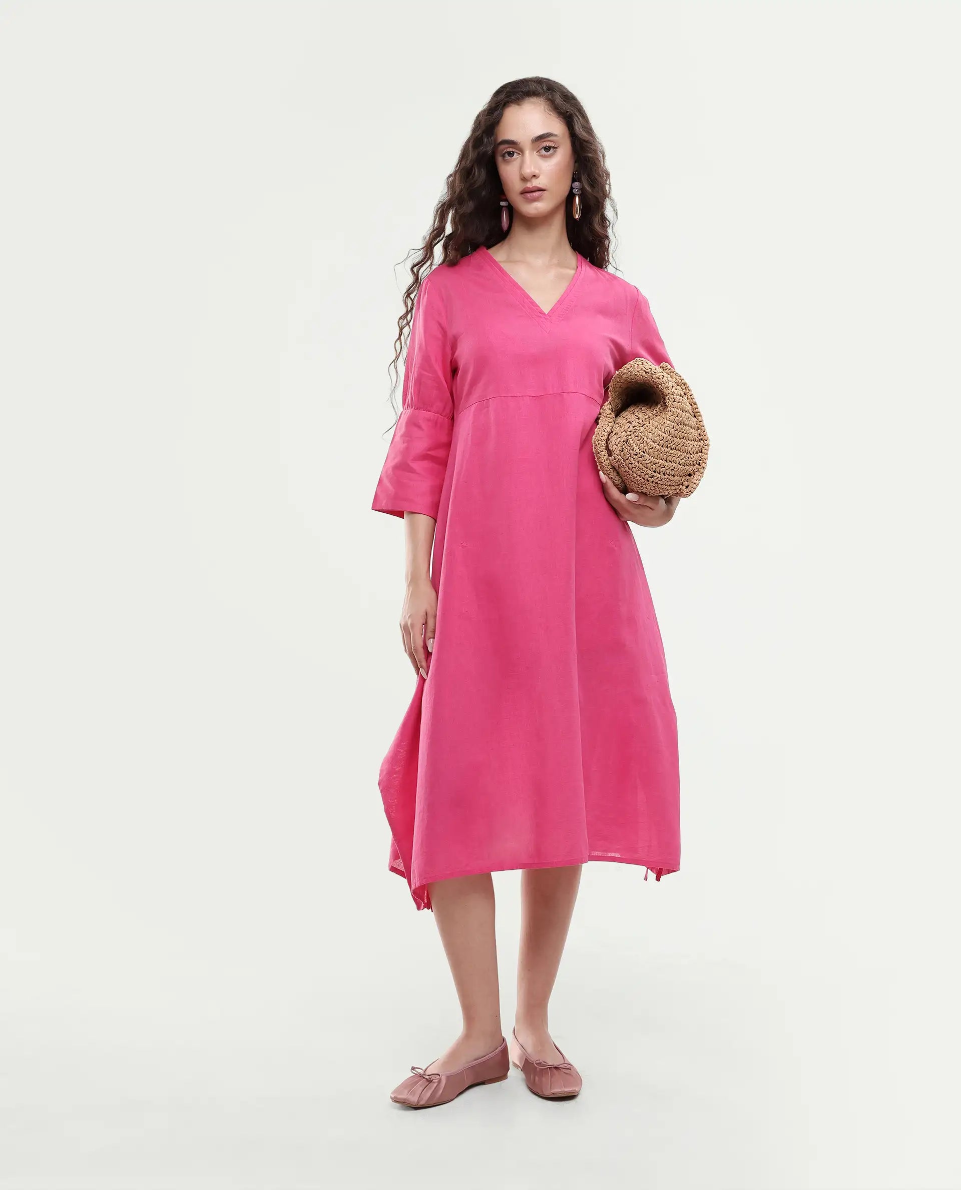 Rareism Women's Somyer Pink Cotton Blend V-Neck Plain Midi Flared Dress