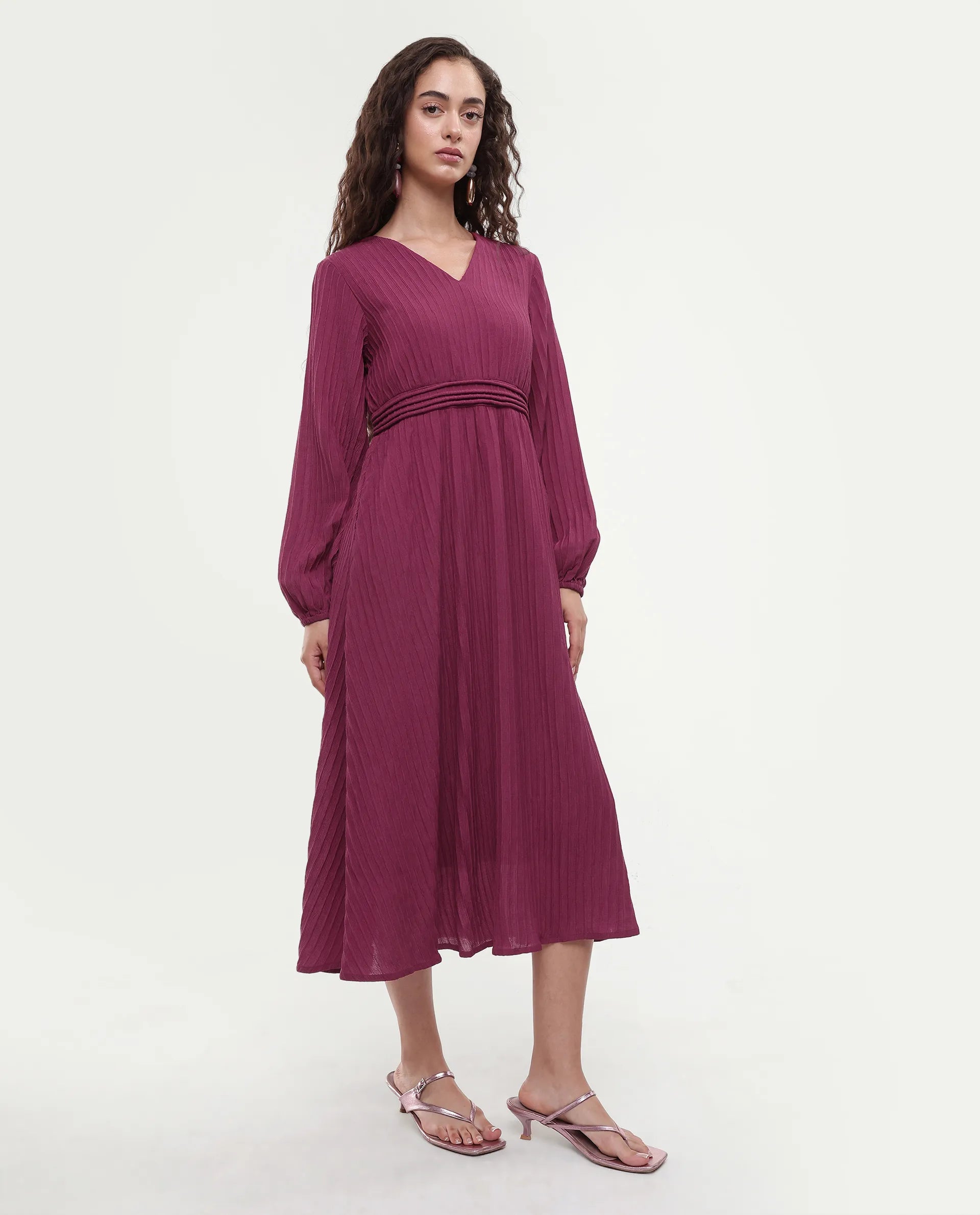 Rareism Women's Somiki Dark Red Polyester Blend V-Neck Plain Bishop Sleeve Midi Flared Dress
