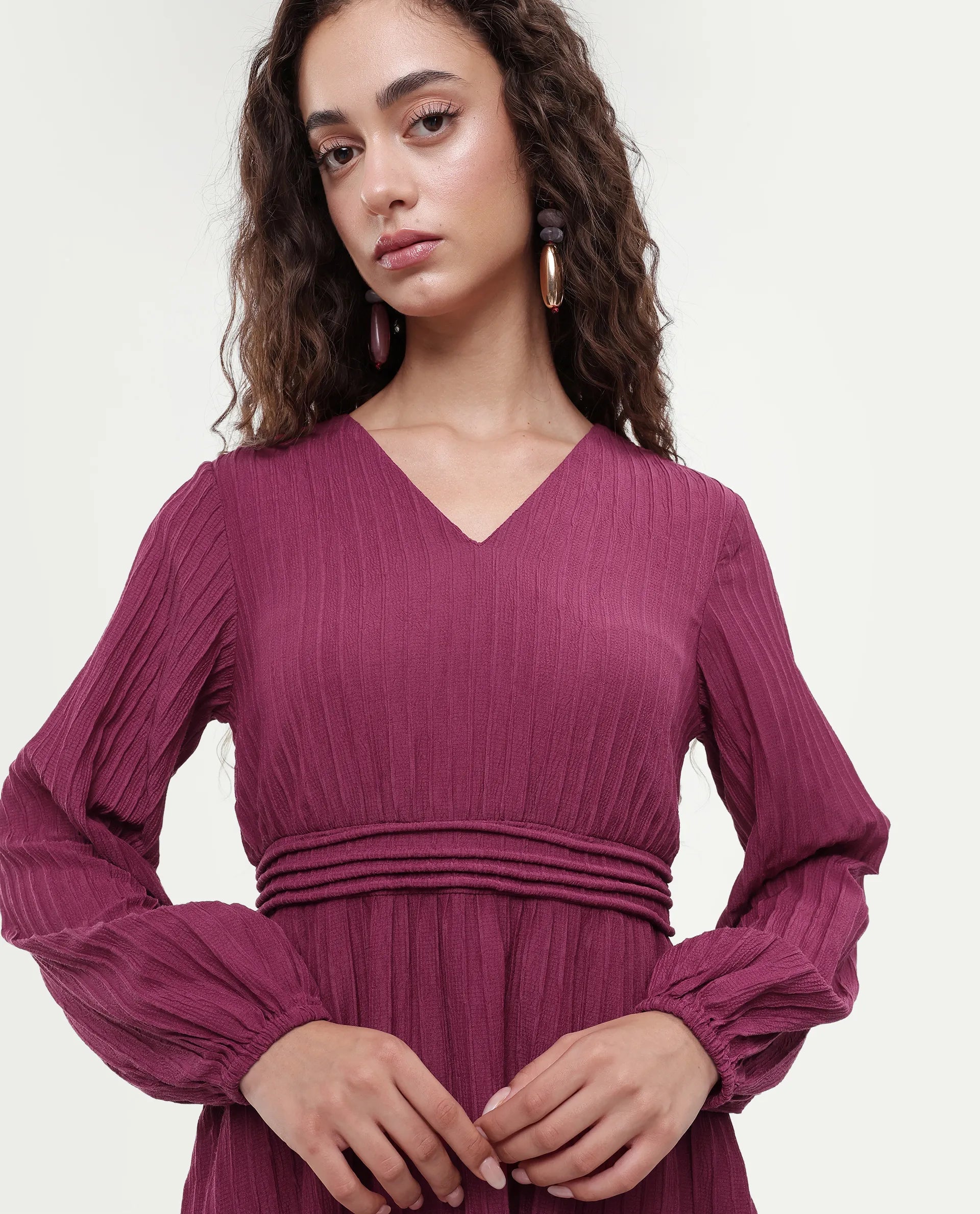 Rareism Women's Somiki Dark Red Polyester Blend V-Neck Plain Bishop Sleeve Midi Flared Dress