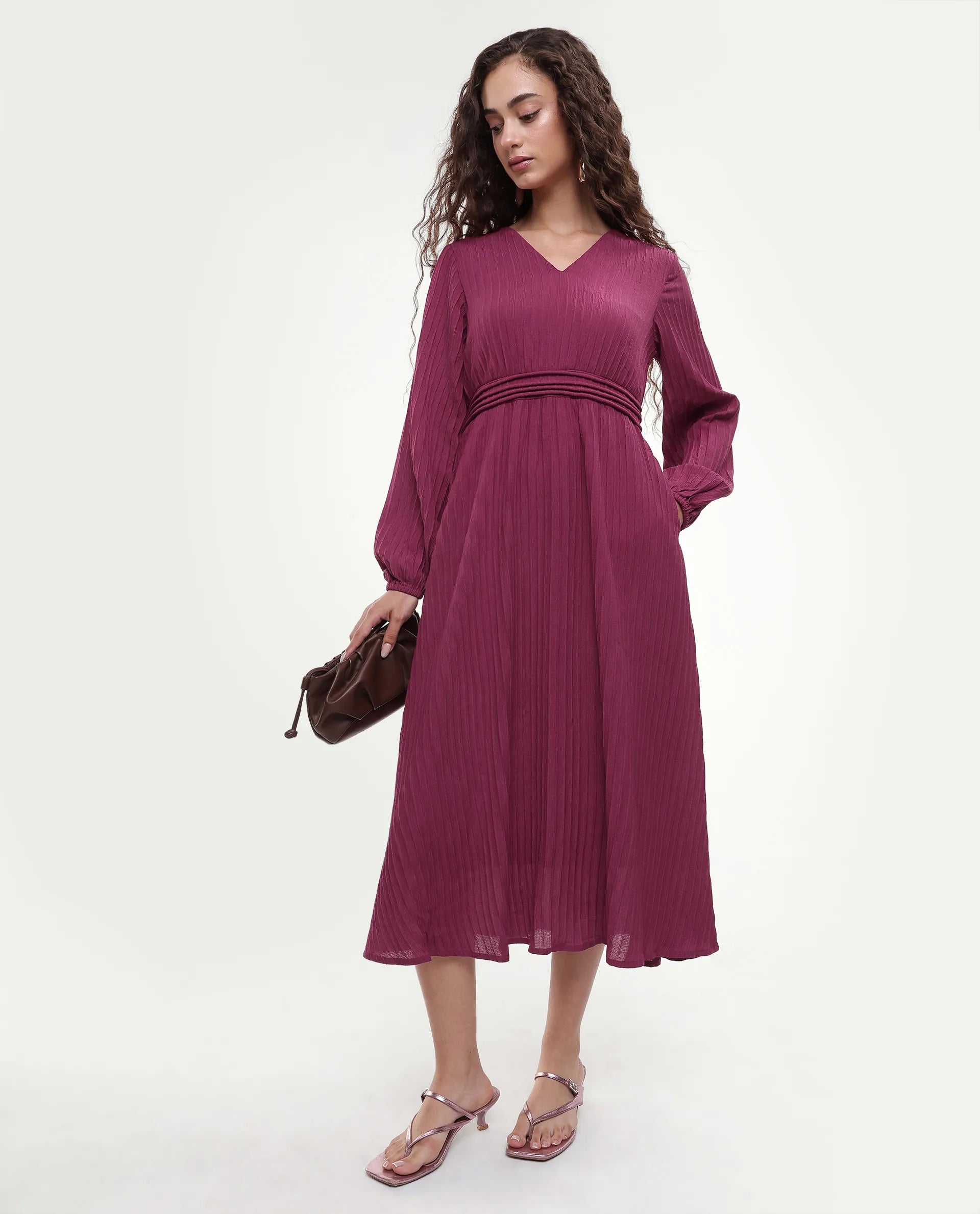 Rareism Women's Somiki Dark Red Polyester Blend V-Neck Plain Bishop Sleeve Midi Flared Dress