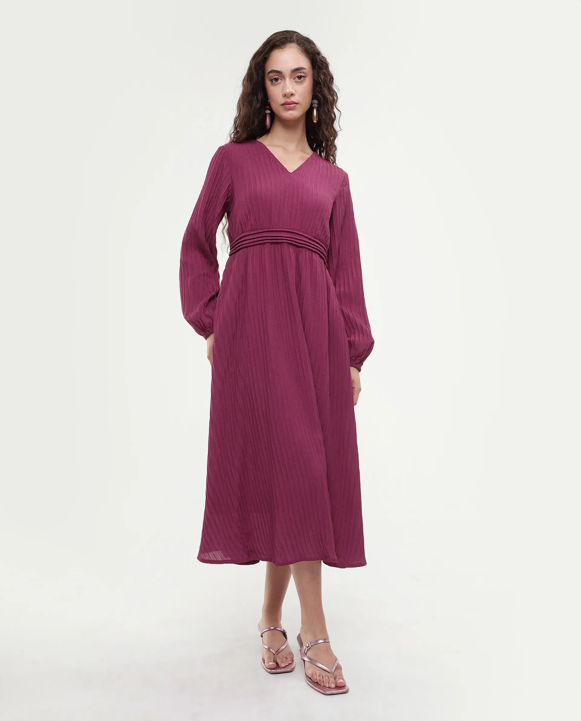 Rareism Women's Somiki Dark Red Polyester Blend V-Neck Plain Bishop Sleeve Midi Flared Dress