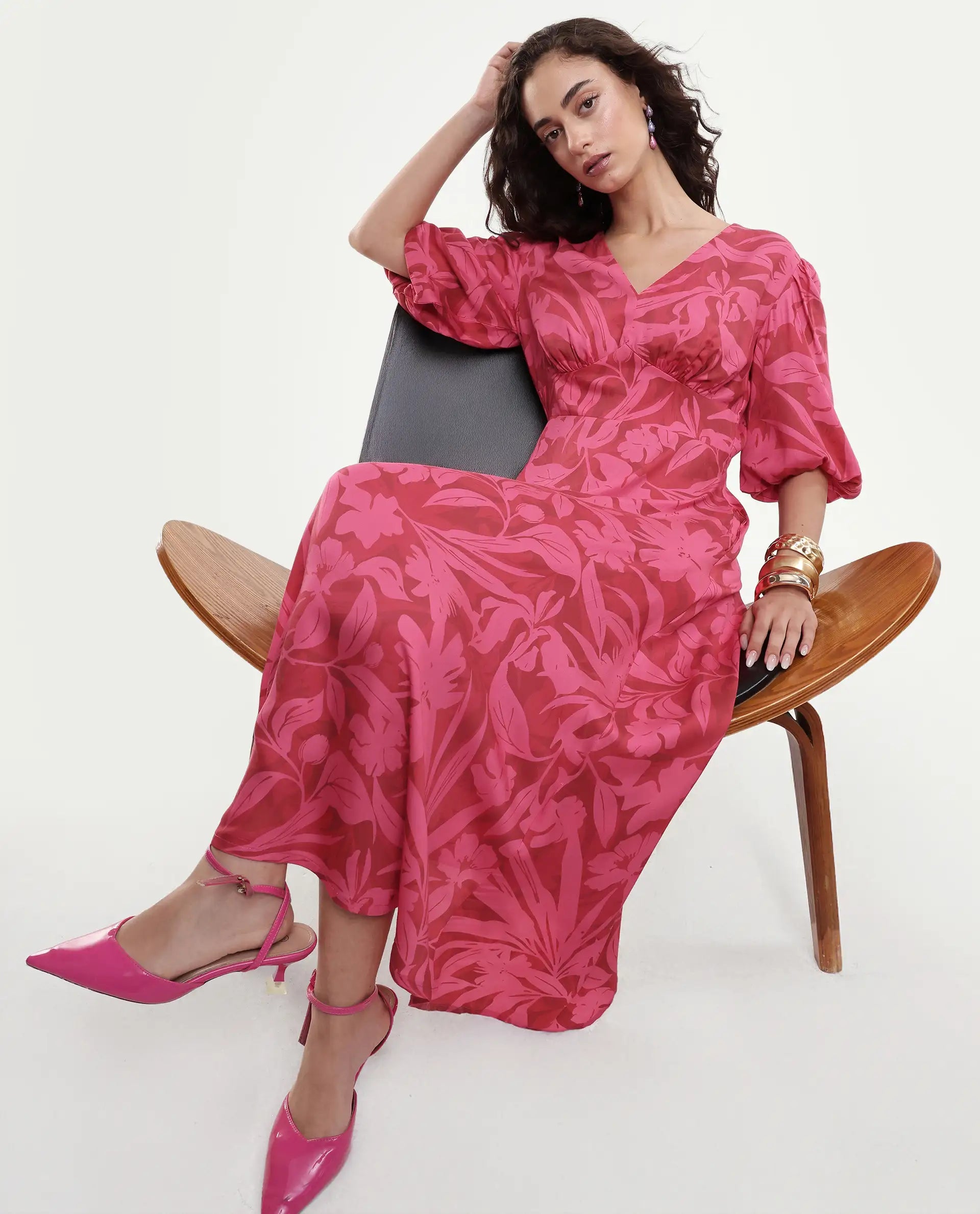 Rareism Women's Somkin Pink Modal V-Neck Floral Print Balloon Sleeve Midi A-Line Dress