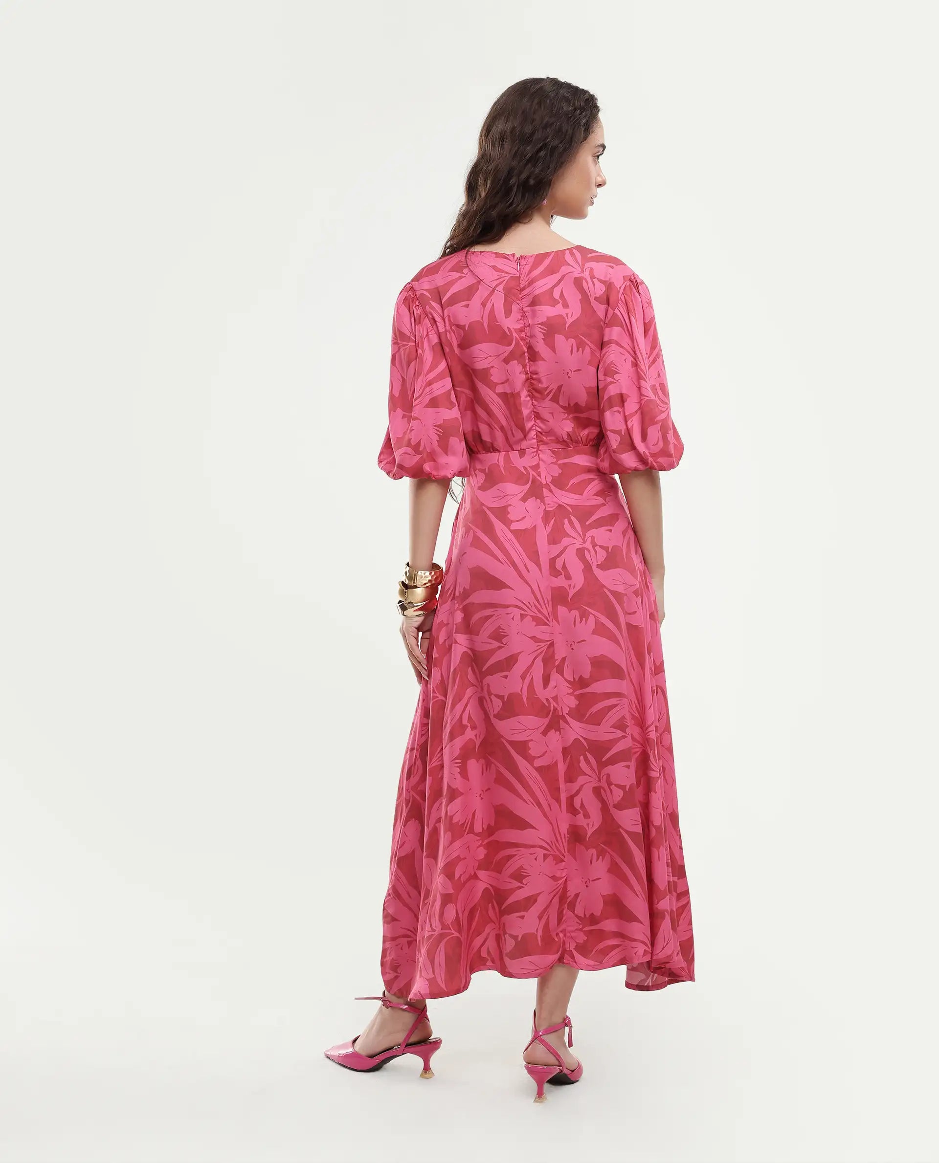 Rareism Women's Somkin Pink Modal V-Neck Floral Print Balloon Sleeve Midi A-Line Dress
