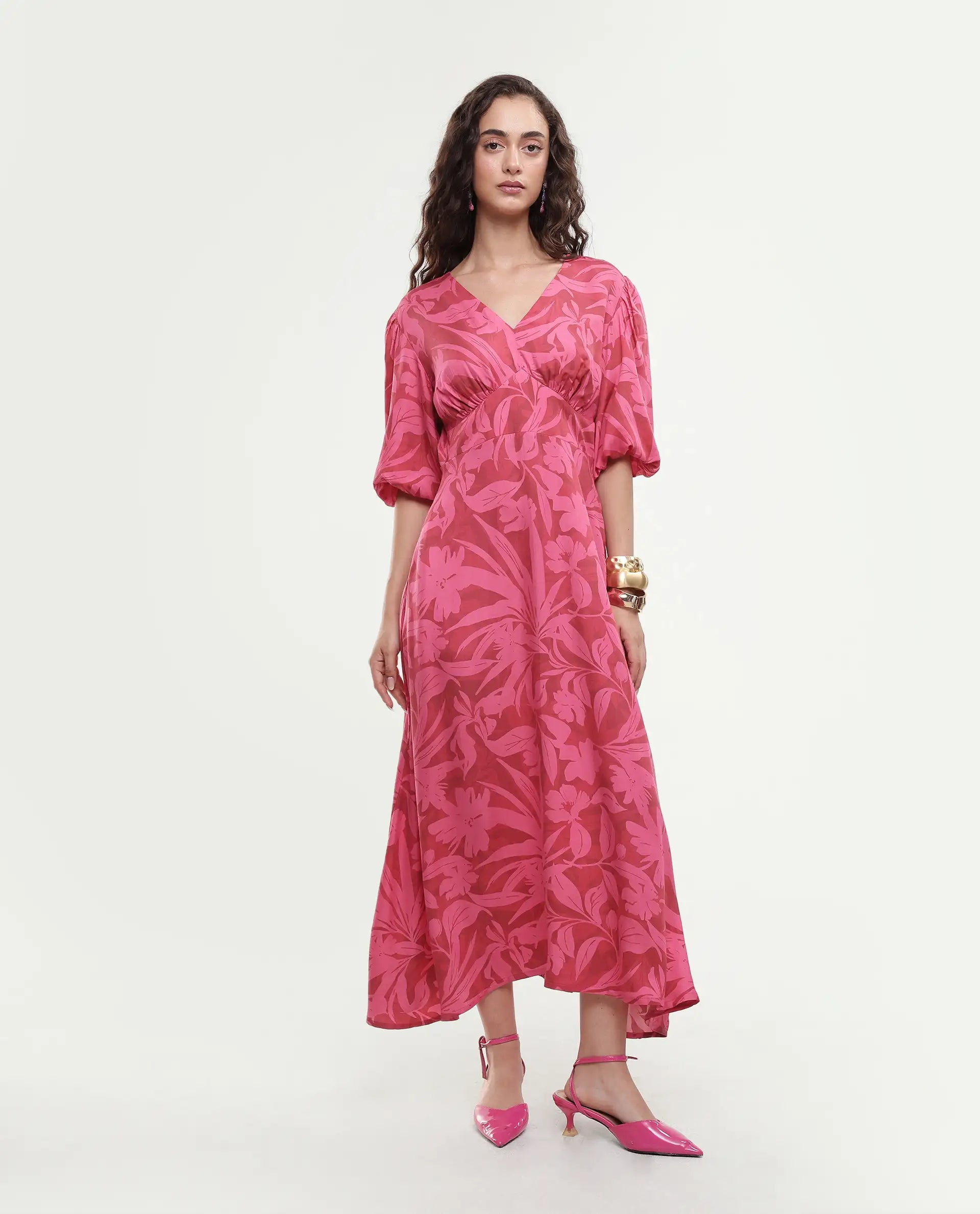 Rareism Women's Somkin Pink Modal V-Neck Floral Print Balloon Sleeve Midi A-Line Dress