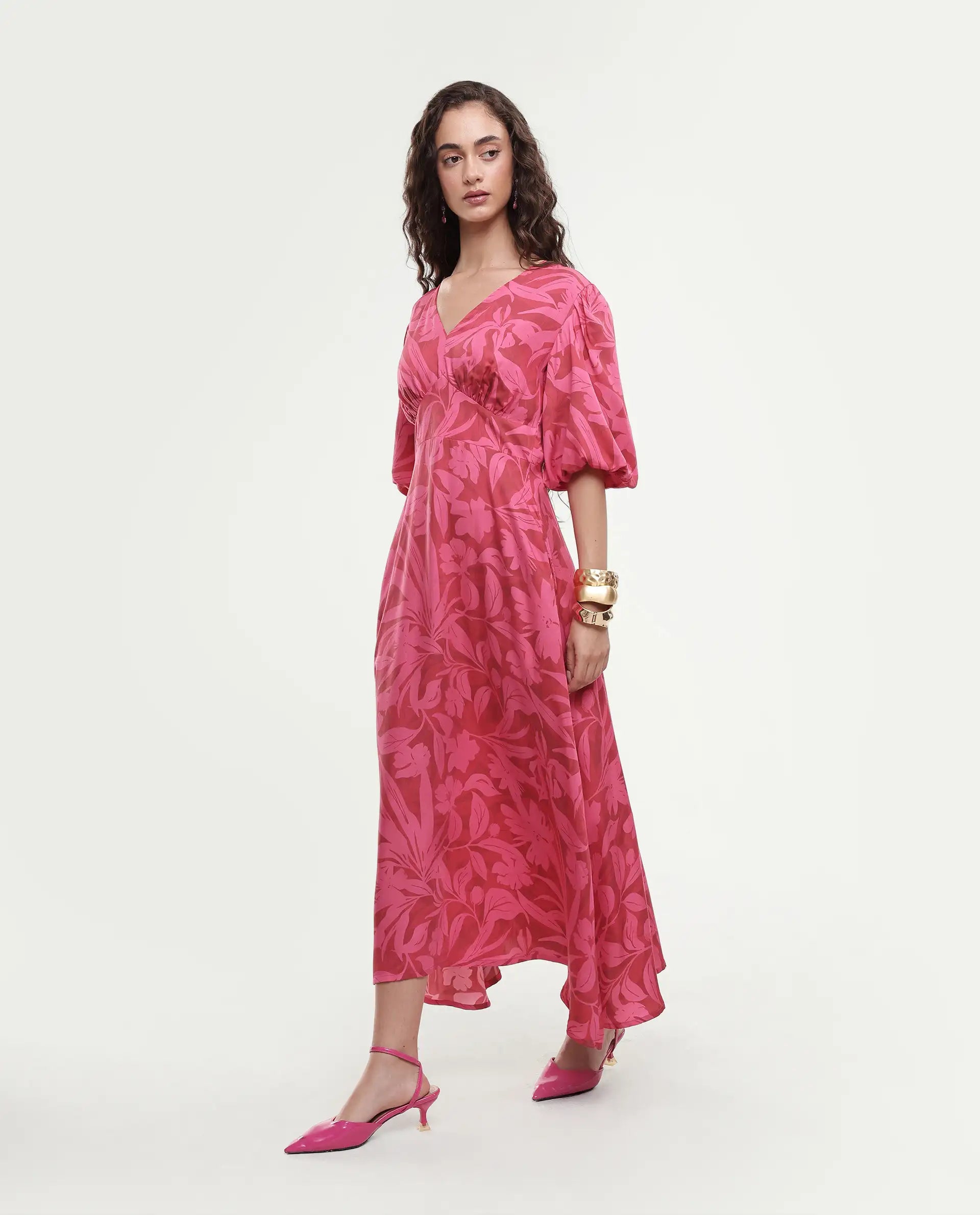 Rareism Women's Somkin Pink Modal V-Neck Floral Print Balloon Sleeve Midi A-Line Dress