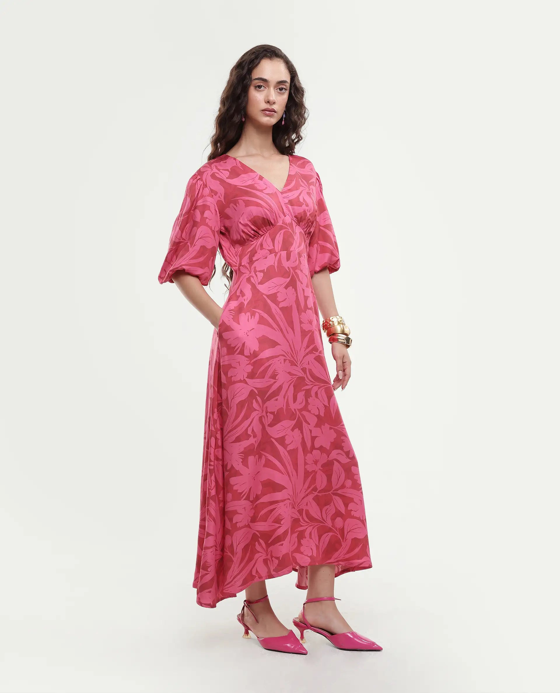Rareism Women's Somkin Pink Modal V-Neck Floral Print Balloon Sleeve Midi A-Line Dress