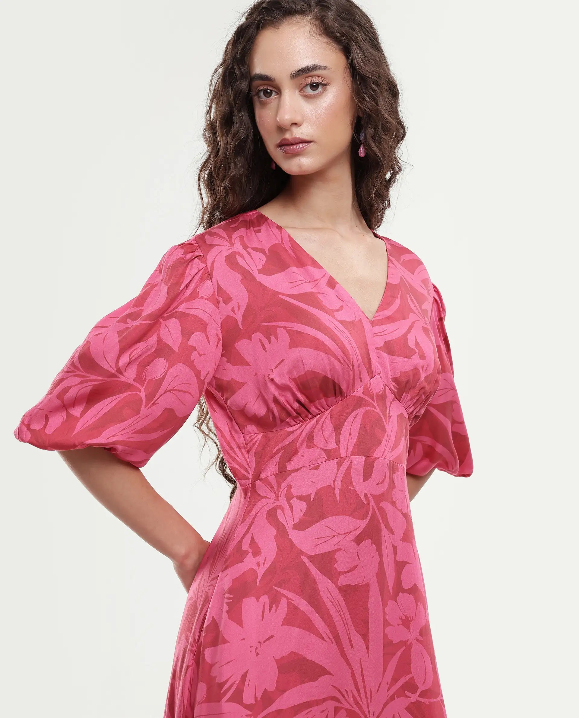 Rareism Women's Somkin Pink Modal V-Neck Floral Print Balloon Sleeve Midi A-Line Dress