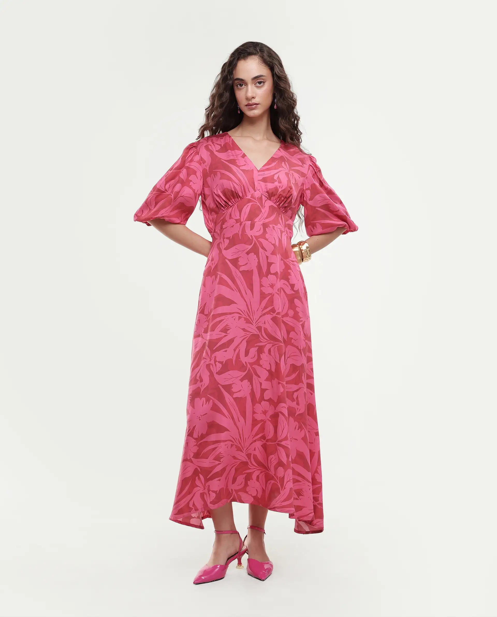Rareism Women's Somkin Pink Modal V-Neck Floral Print Balloon Sleeve Midi A-Line Dress
