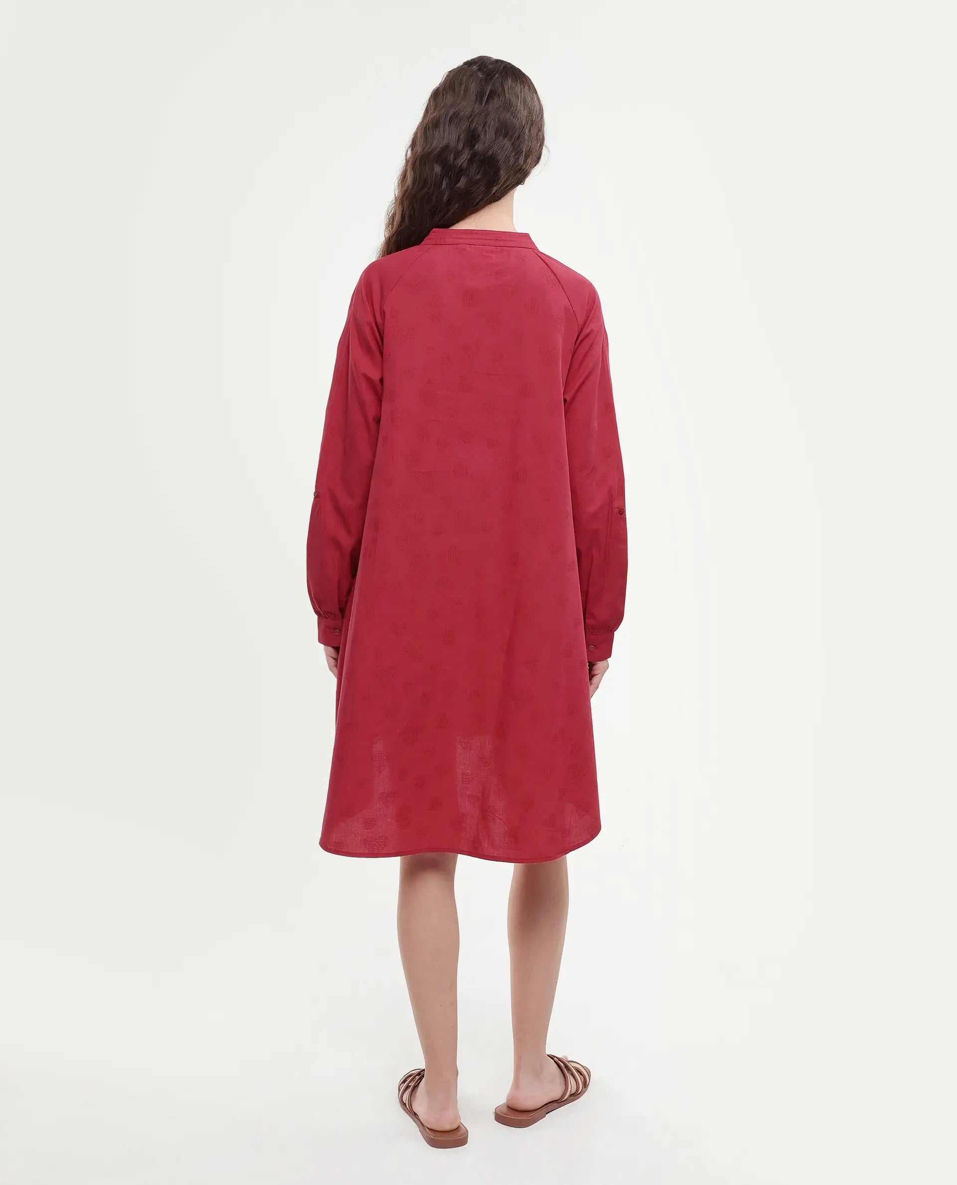 Rareism Women's Somigi Red Cotton Band Collar Plain Raglan Sleeve Mini A-Line Dress