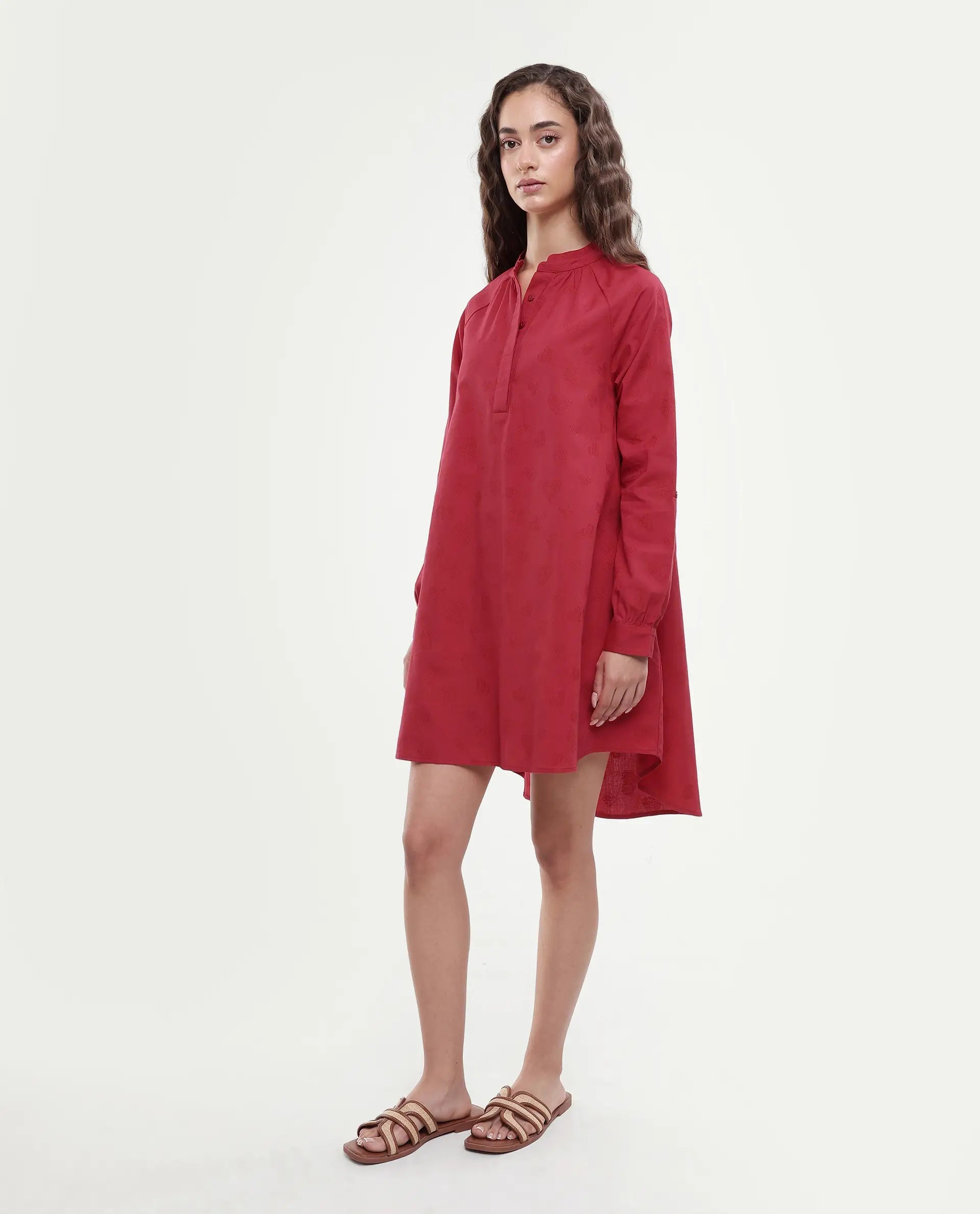 Rareism Women's Somigi Red Cotton Band Collar Plain Raglan Sleeve Mini A-Line Dress