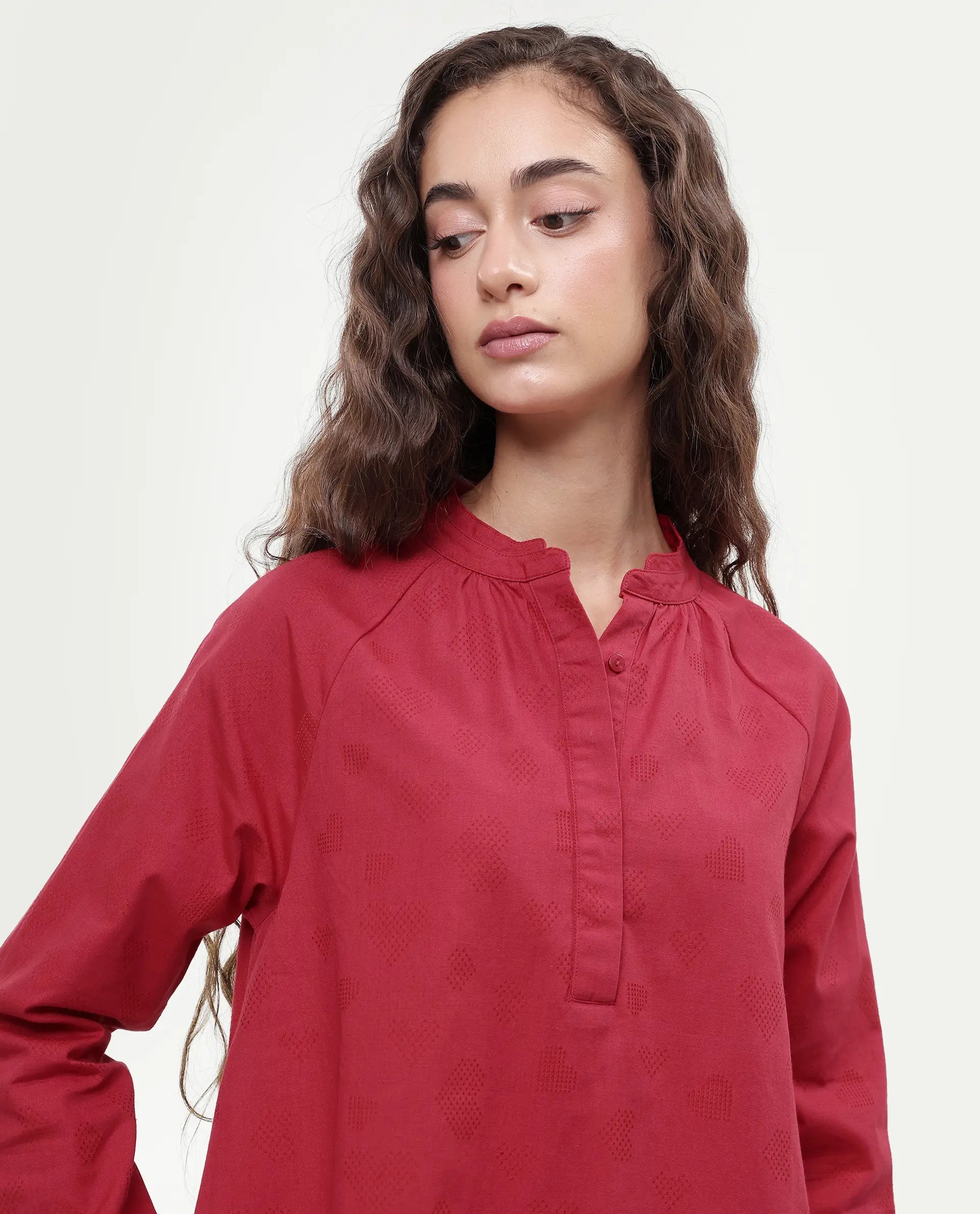 Rareism Women's Somigi Red Cotton Band Collar Plain Raglan Sleeve Mini A-Line Dress