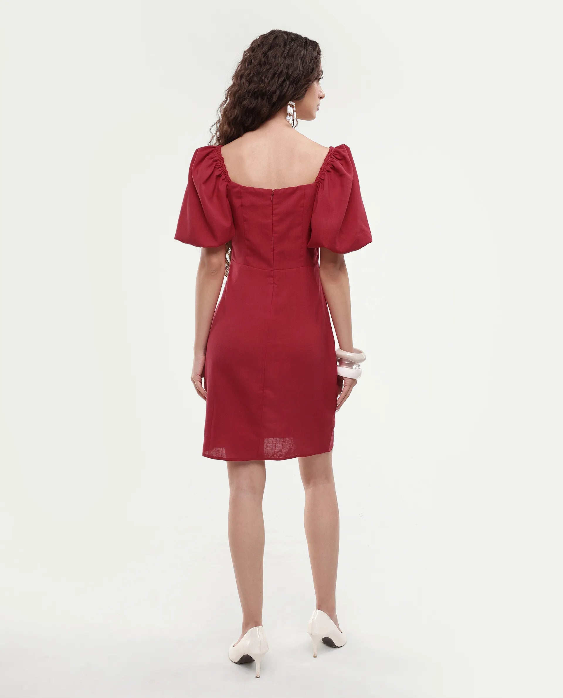 Rareism Women's Somkan Red Polyester Square Neck Plain Balloon Sleeve Mini Straight Fit Dress