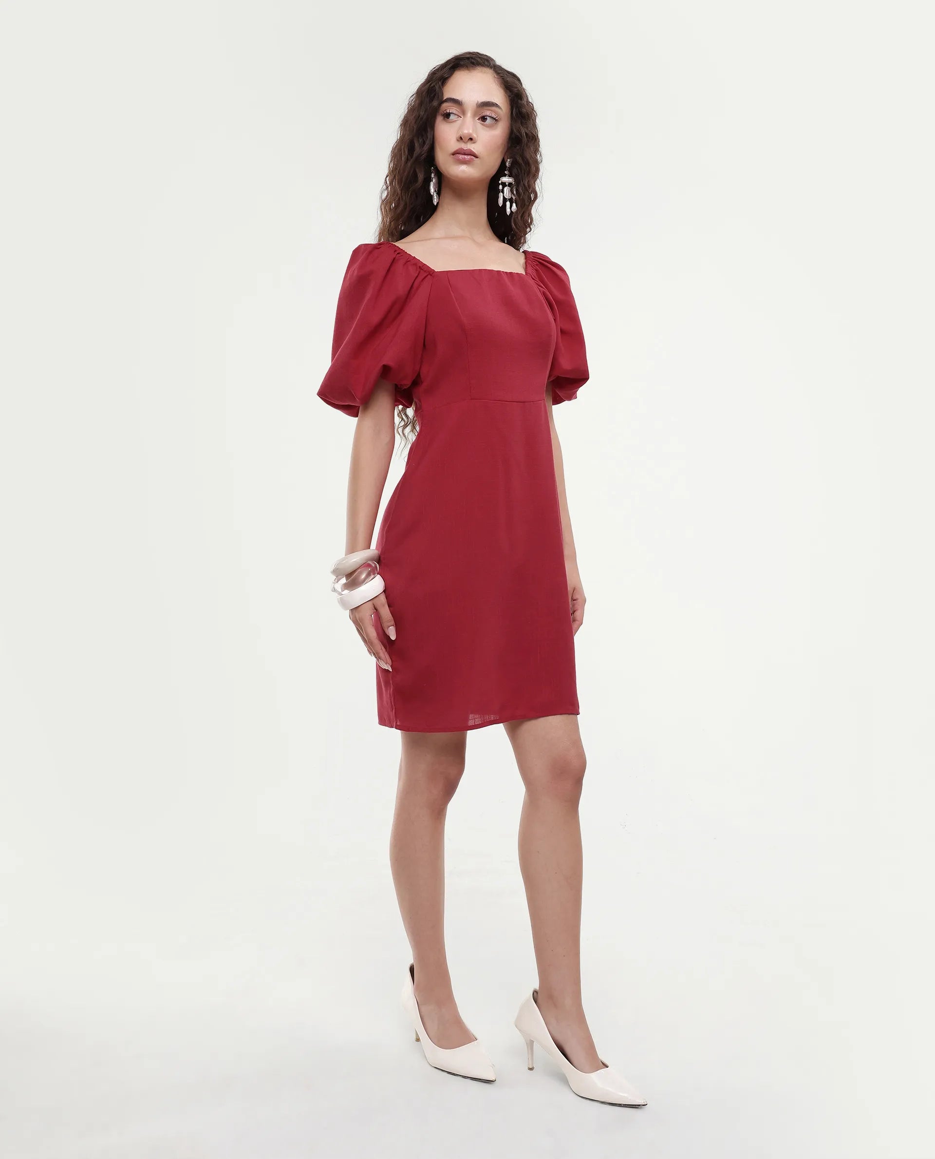 Rareism Women's Somkan Red Polyester Square Neck Plain Balloon Sleeve Mini Straight Fit Dress