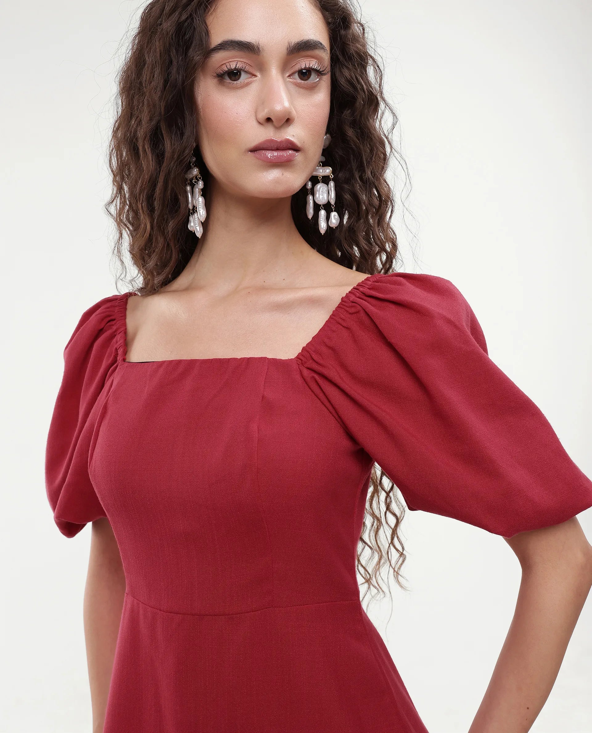 Rareism Women's Somkan Red Polyester Square Neck Plain Balloon Sleeve Mini Straight Fit Dress
