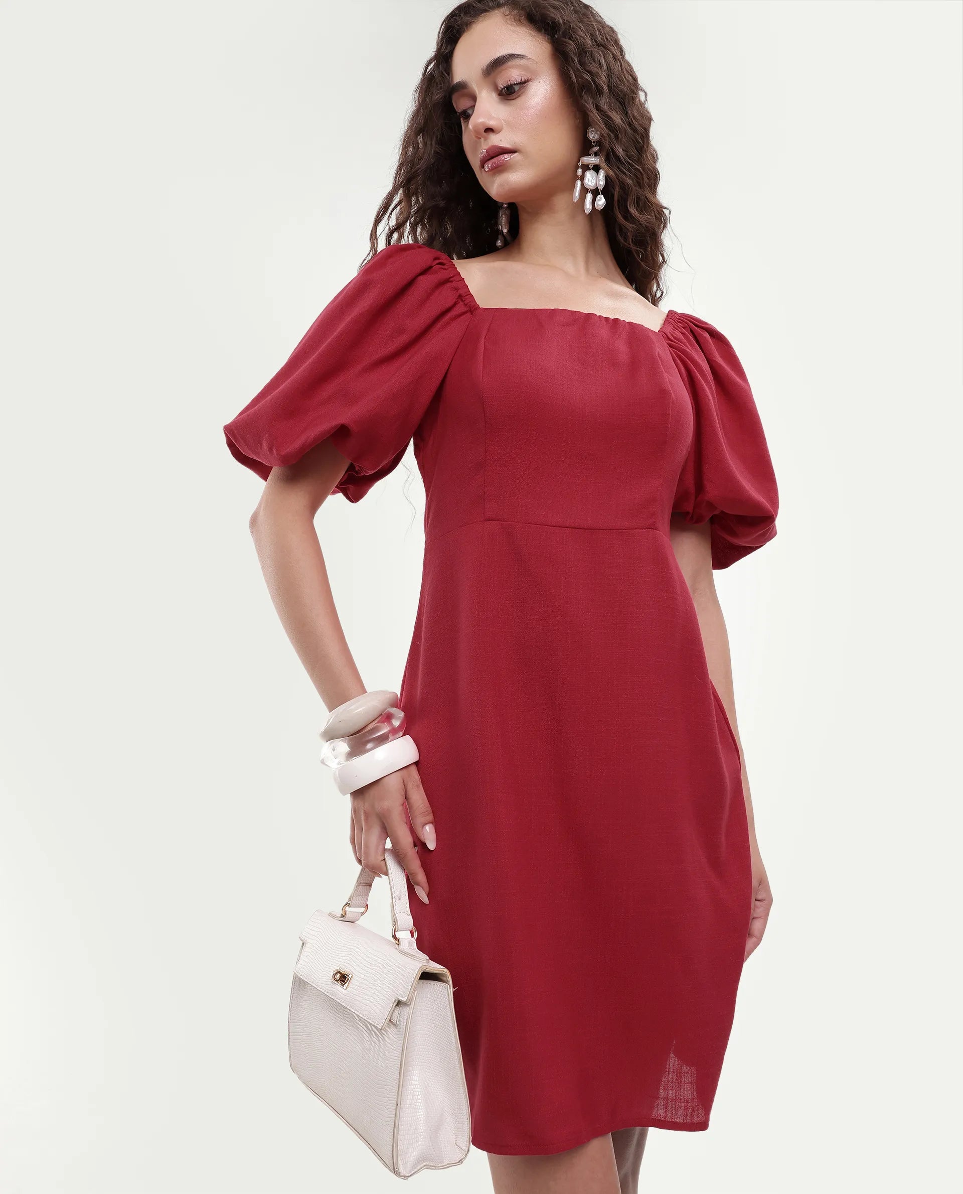 Rareism Women's Somkan Red Polyester Square Neck Plain Balloon Sleeve Mini Straight Fit Dress