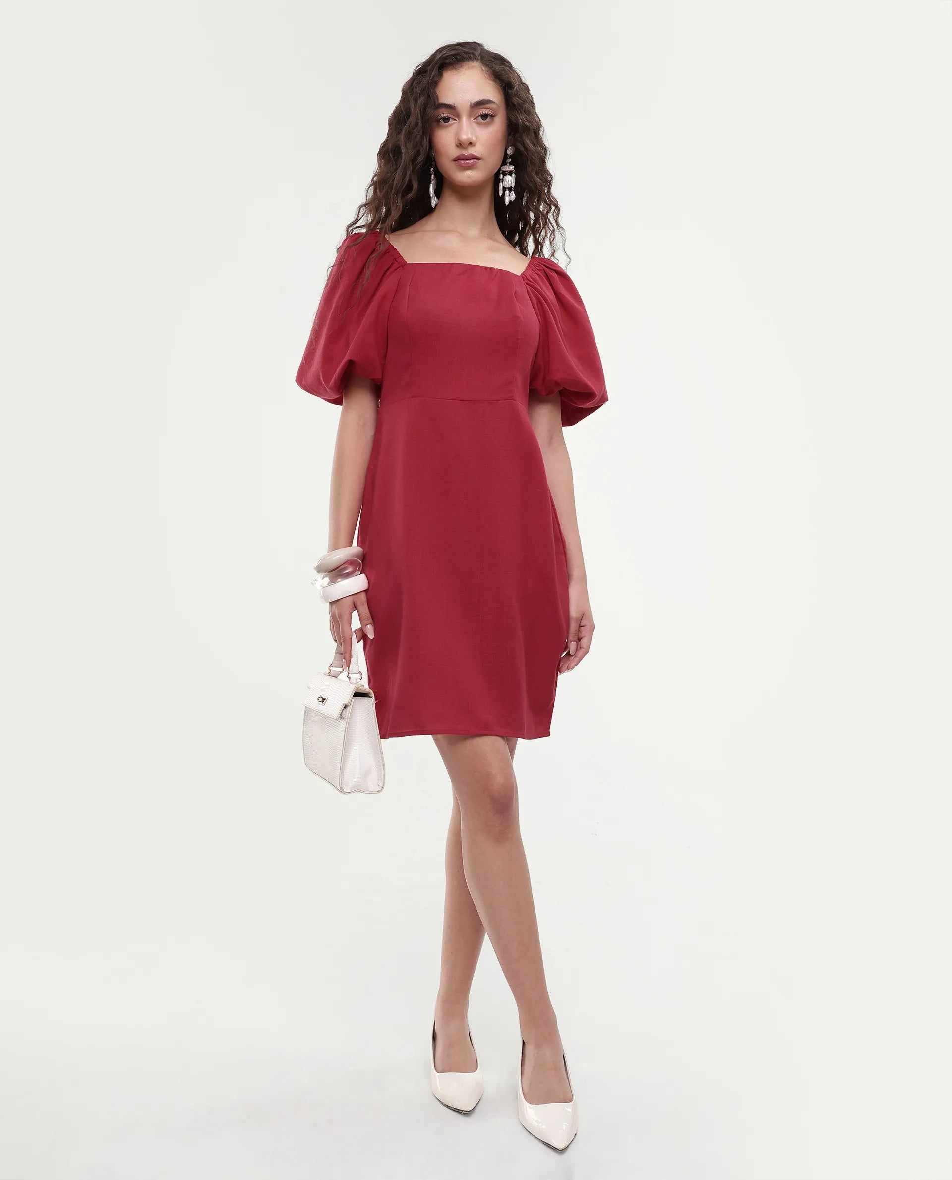 Rareism Women's Somkan Red Polyester Square Neck Plain Balloon Sleeve Mini Straight Fit Dress