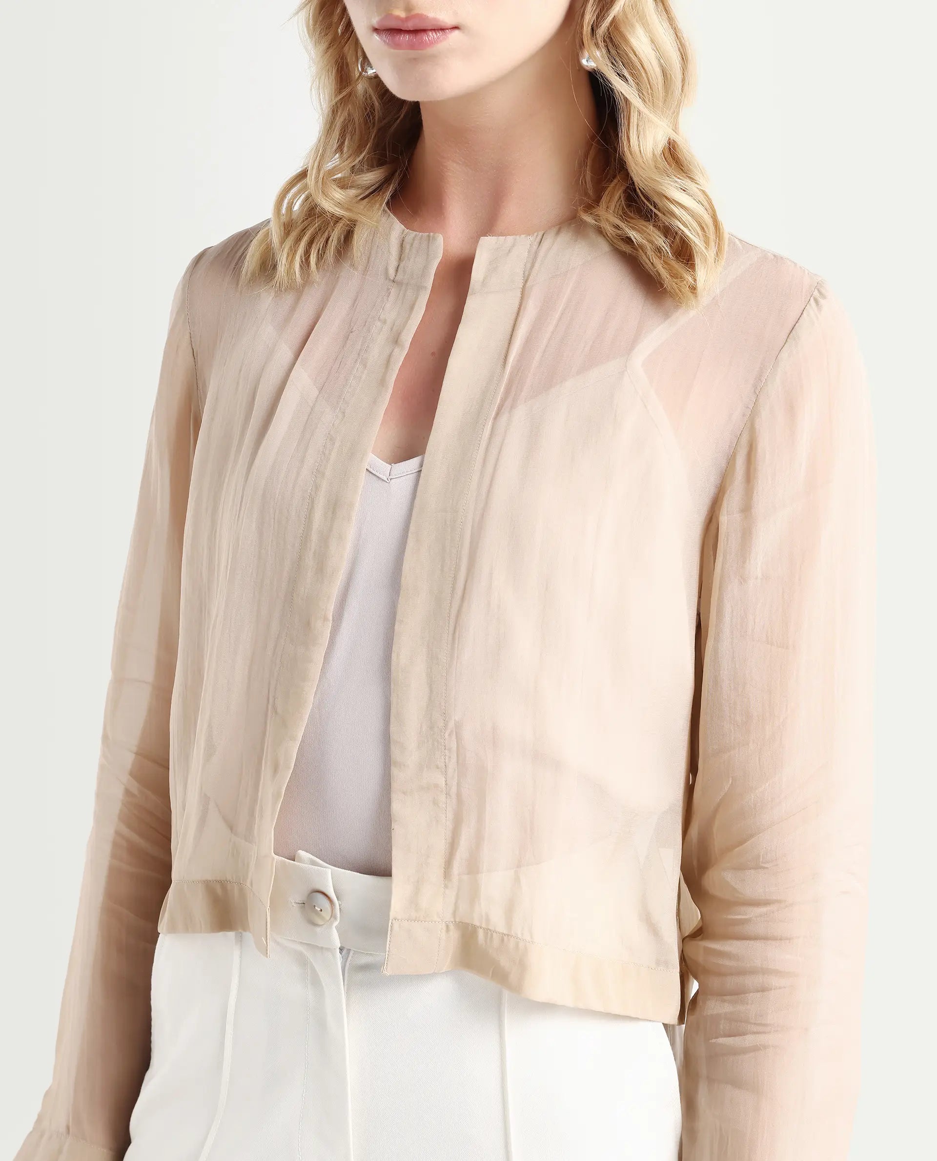 Rareism Women's Somshre Beige Viscose Collarless Plain Crop Regular Fit Jacket