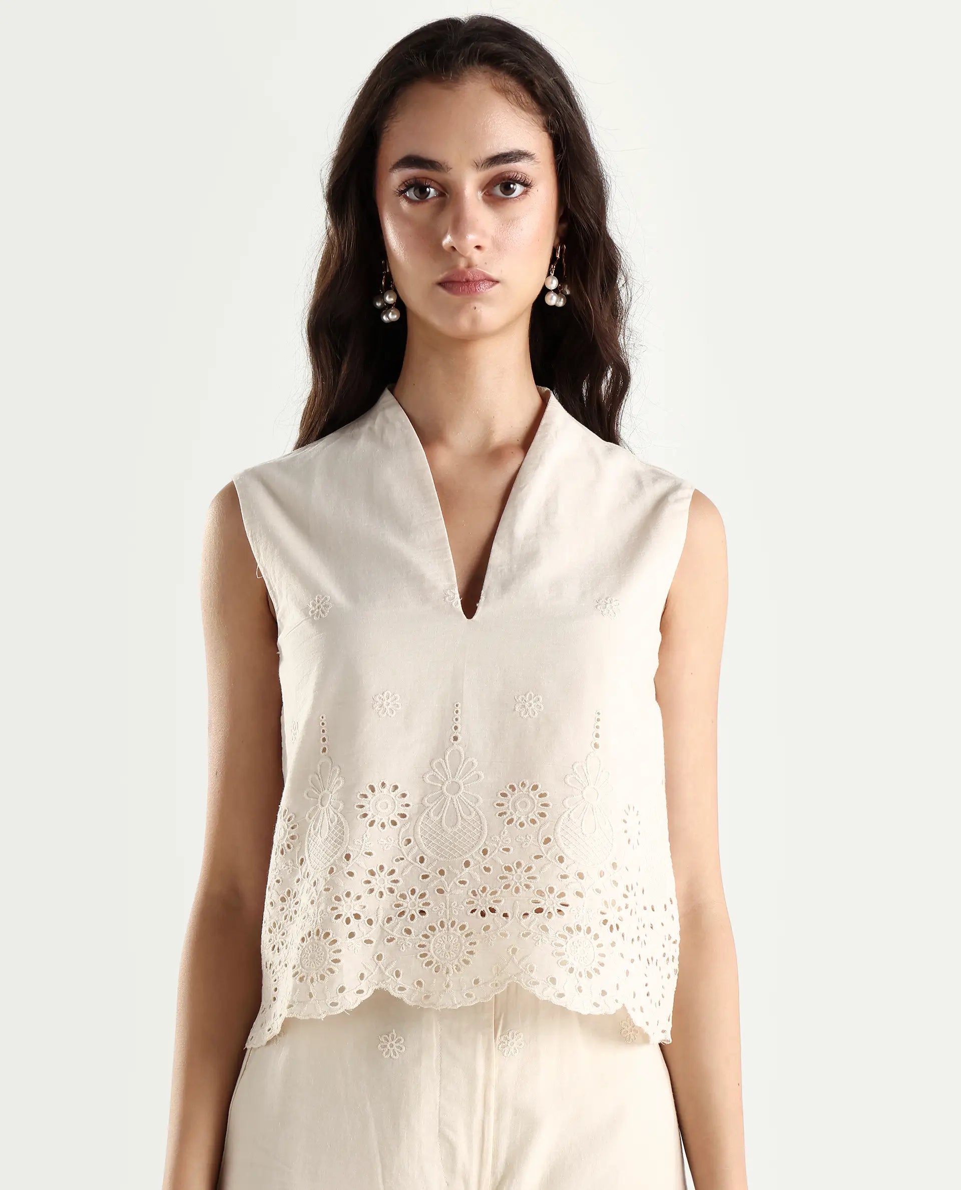 Rareism Women's Somse T Beige Cotton V-Neck Plain Sleeveless Regular Fit Top
