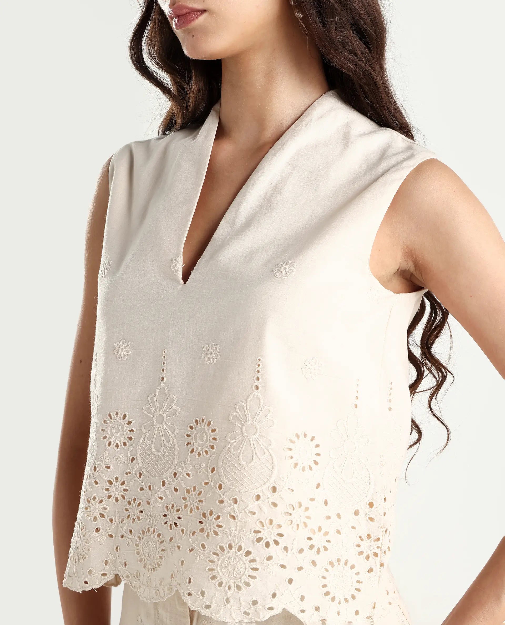 Rareism Women's Somse T Beige Cotton V-Neck Plain Sleeveless Regular Fit Top