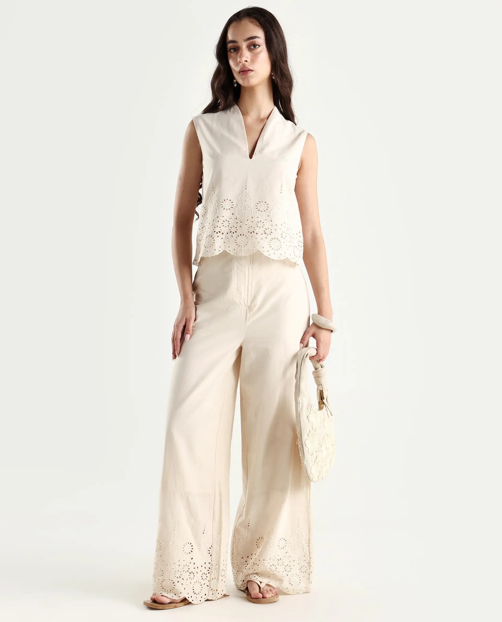 Rareism Women's Somse T Beige Cotton V-Neck Plain Sleeveless Regular Fit Top