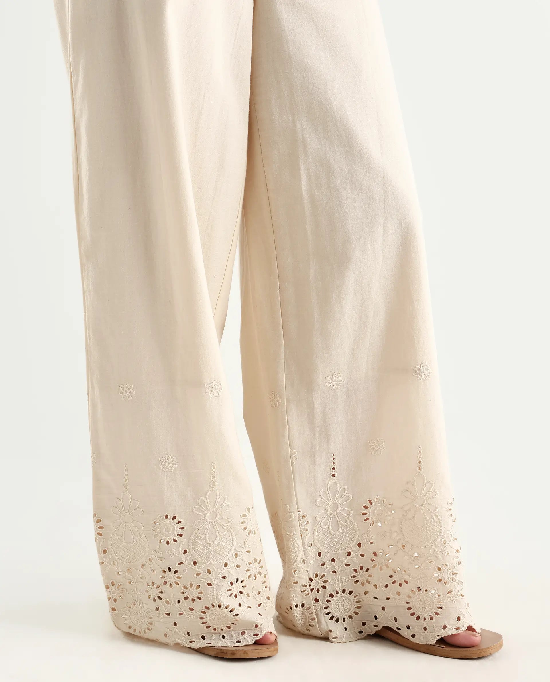 Rareism Women's Somse B Beige Cotton Plain Ankle Length Straight Fit Trouser