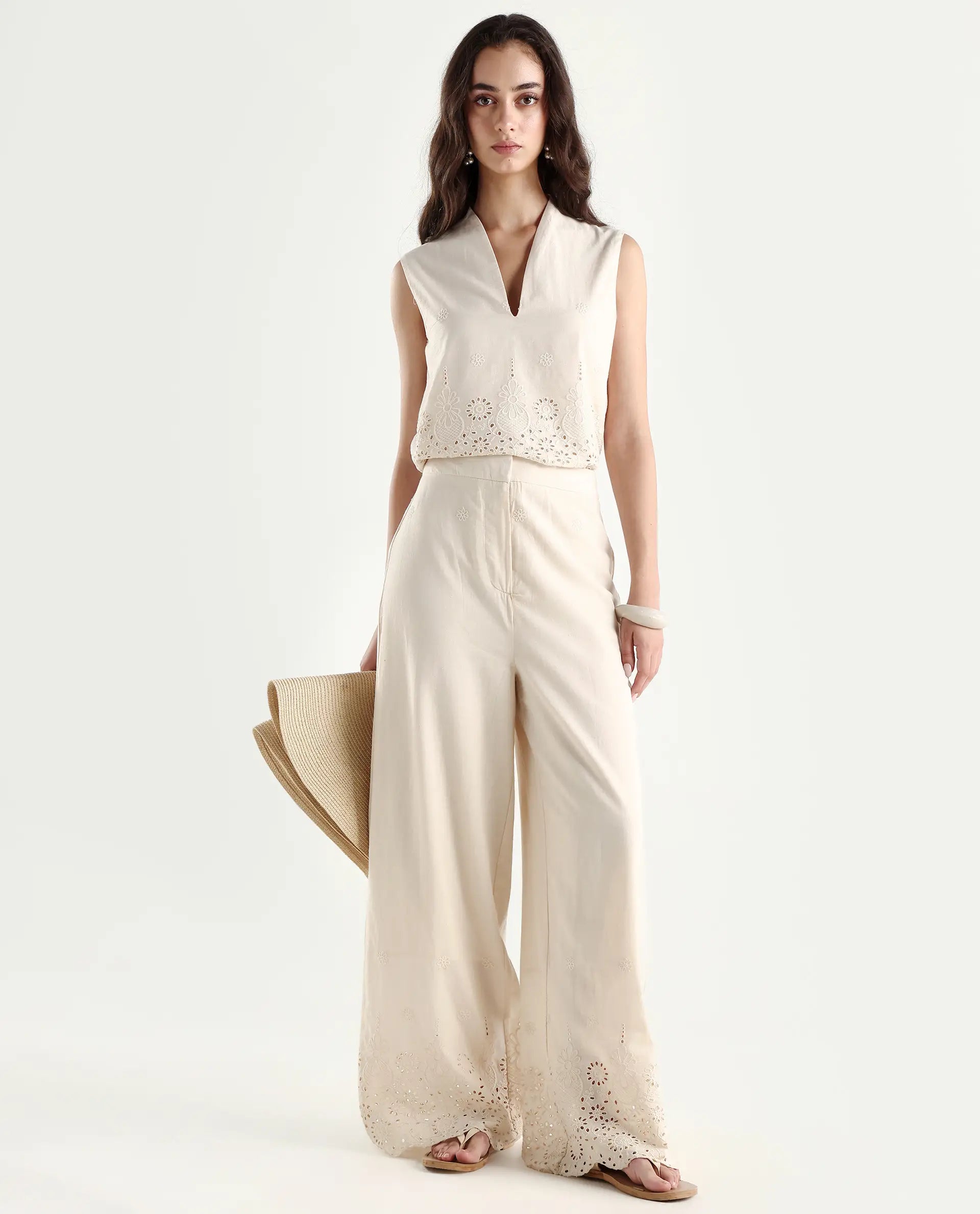 Rareism Women's Somse B Beige Cotton Plain Ankle Length Straight Fit Trouser