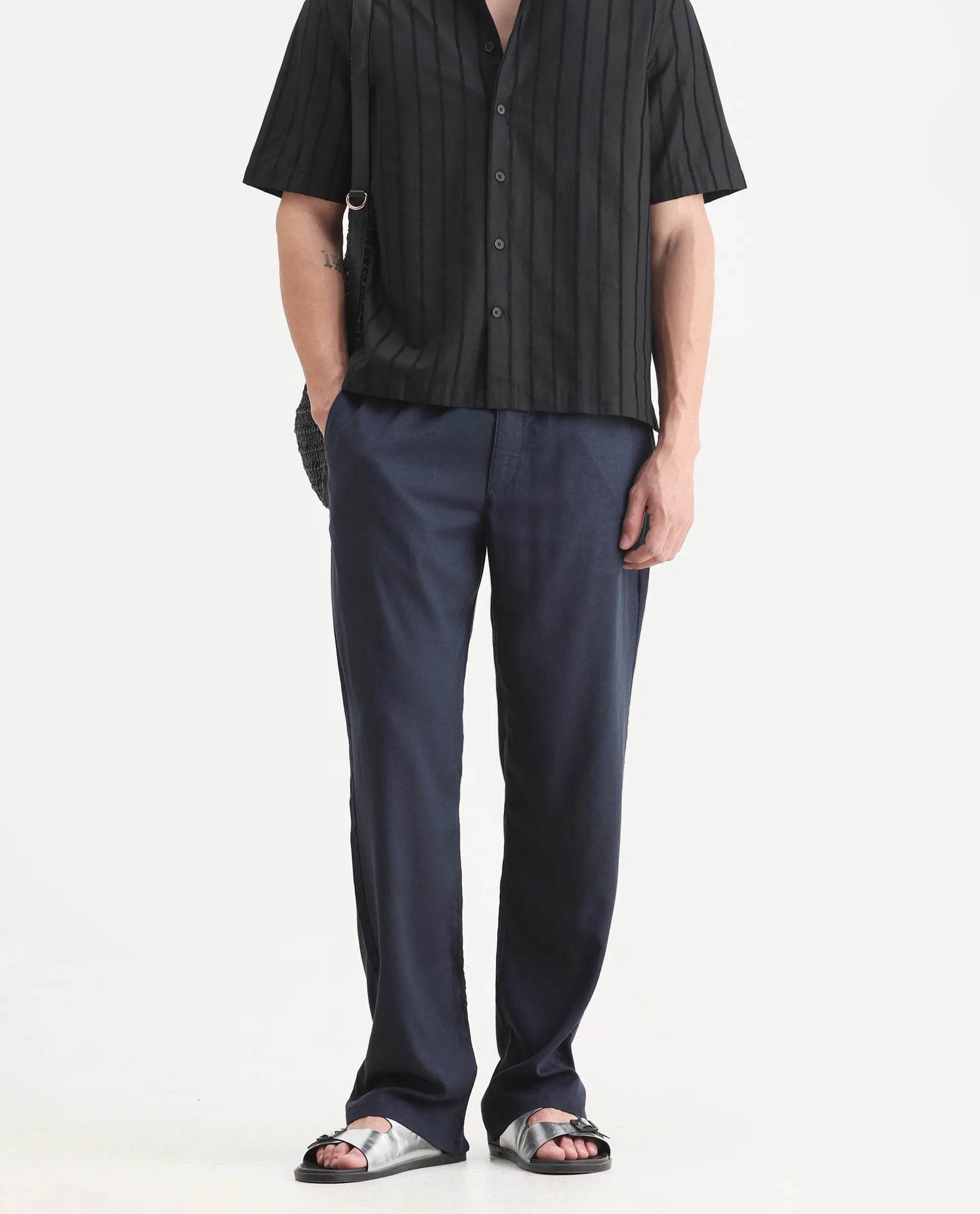 Rare Rabbit Men's Coft-B Navy Linen Blend Plain Loose Fit Trouser